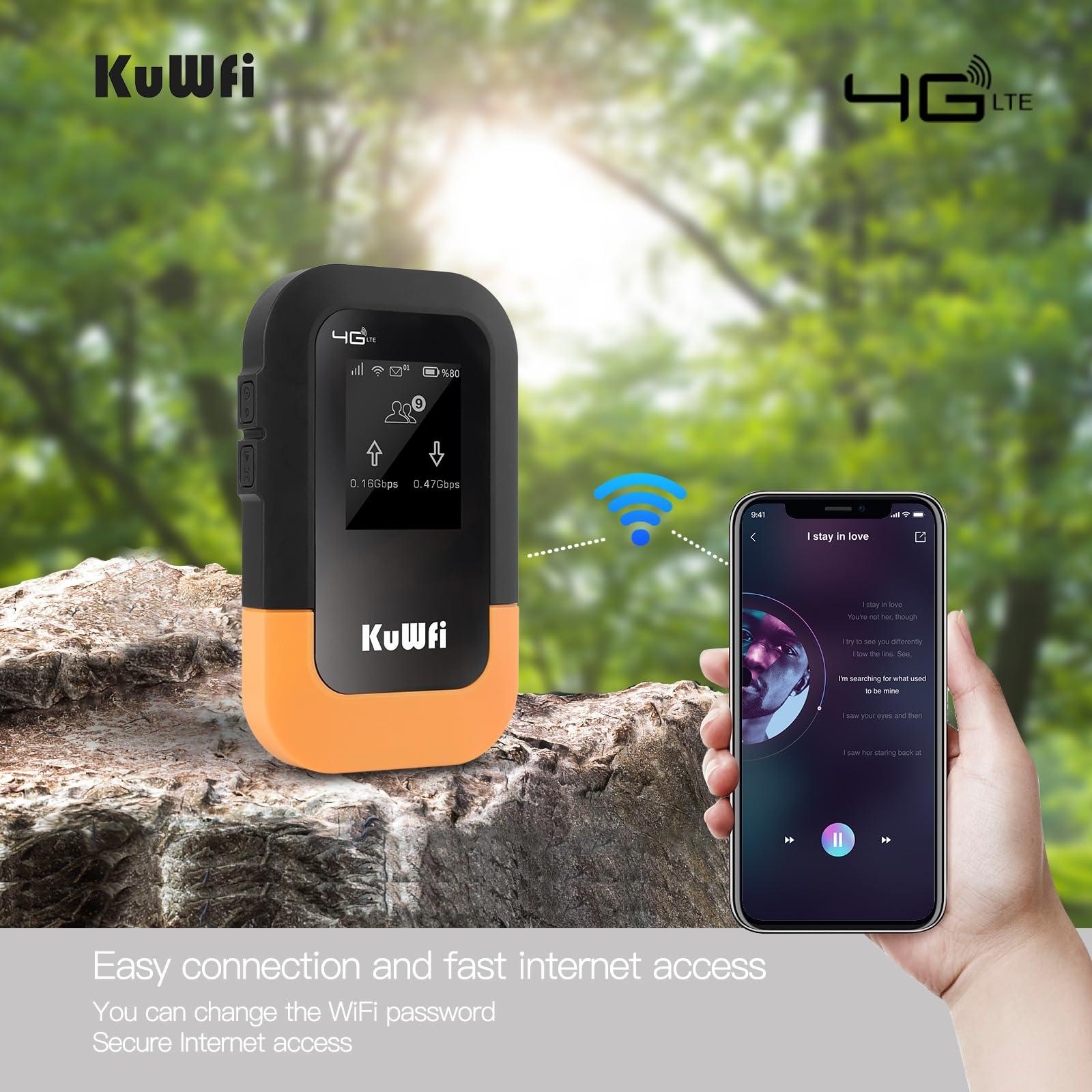 KuWFi KuWFi 4G LTE WiFi Mobile Hotspot Device, 150Mbps WiFi Hotspot Portable Travel Router Includes 2G Data, Portable WiFi Hotspot for Travel Support 10 Devices, AT&T T-Mobile, B2/B4/B5/B12/B13/B66