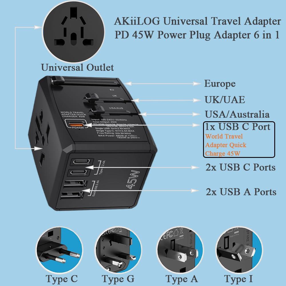 AKiiLOG Universal Travel Adapter, PD 45W International Power Plug Adapter 6 in 1 with 3 USB-C & 2 USB-A Fast Charging, AC Outlet Worldwide Wall Charge Type I C G A for US UK Europe AU Travel