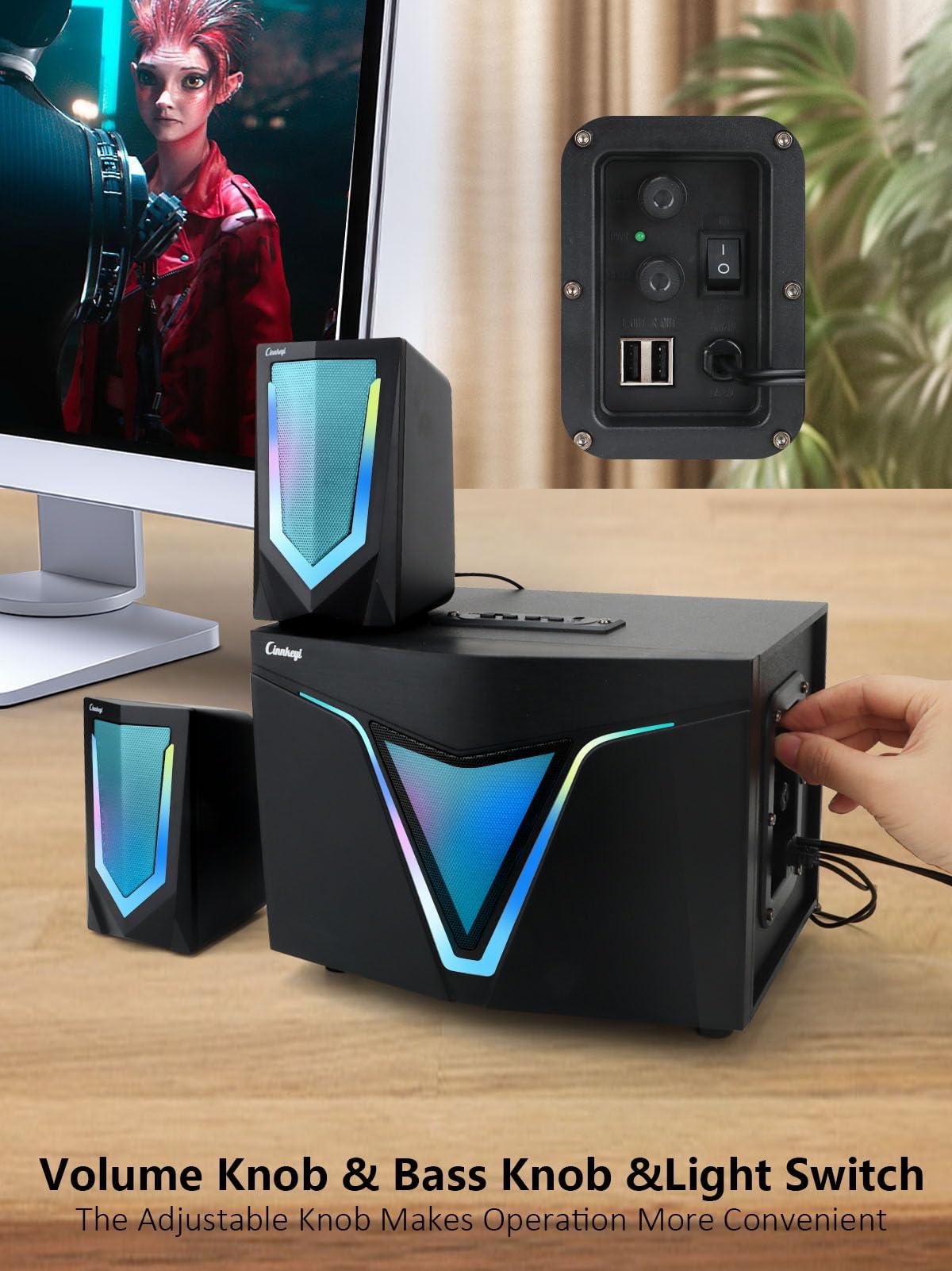 cinnkeyi cinnkeyi 2.1 USB-Powered Computer Speaker with Subwoofer,Computer Speakers with 9'' subwoofer-Dual 4.7'' mid-Treble Full-Range Satellites for PC,Speaker with Dynamic RGB,Up to 16W, 3.5mm Inputs