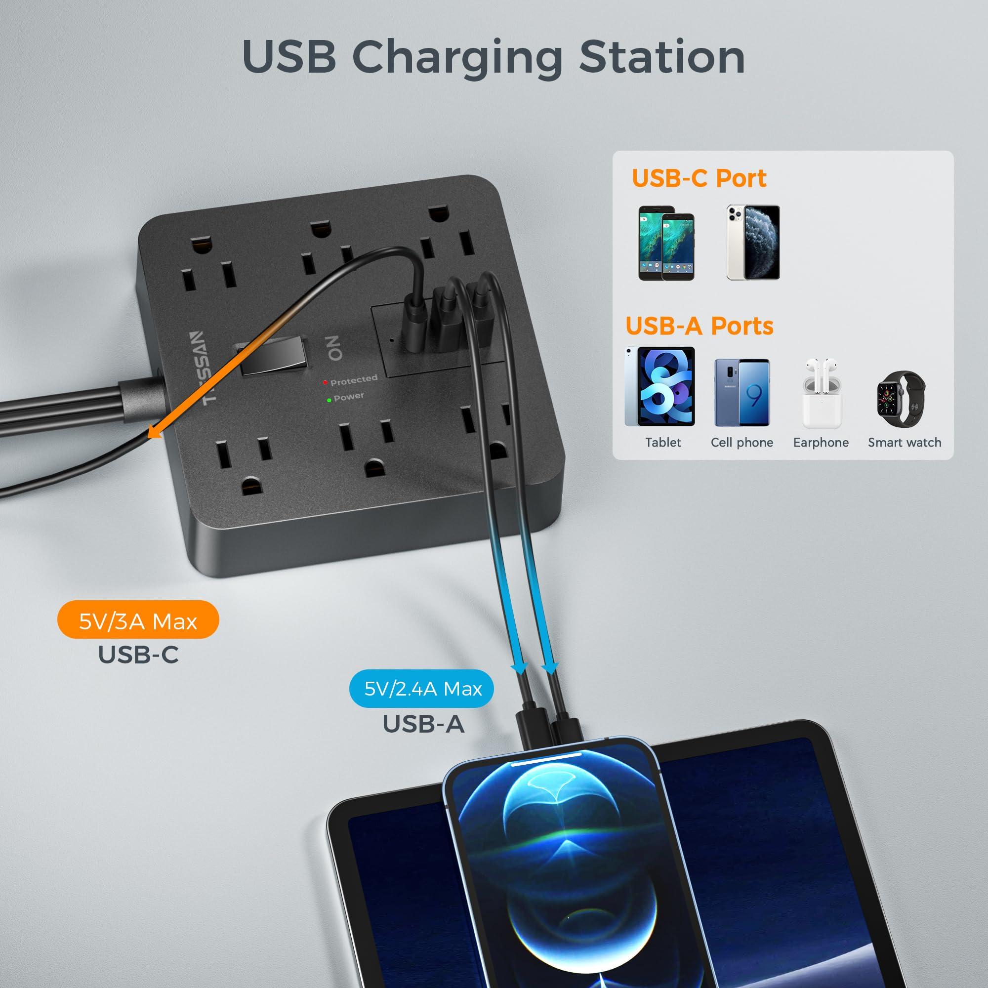 TESSAN Surge Protector Flat Plug Power Strip, Black Extension Cord 5 FT with 3 USB Charger (1 USB C), Multiple Outlets Charging Station for Home, Office, College Dorm Room