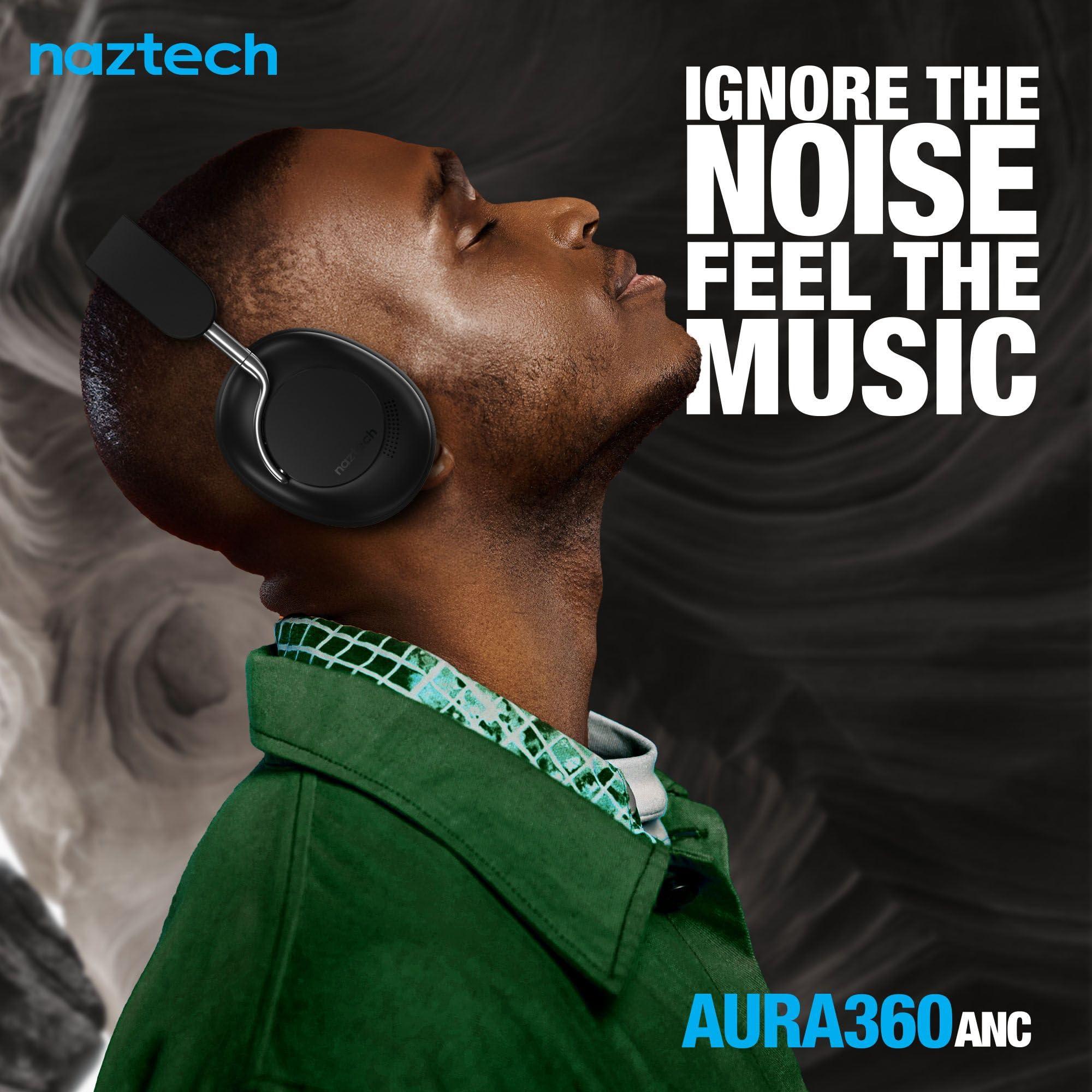 Naztech Naztech Aura 360 Midnight 24HR ANC Over Ear Headphone Wireless, Noise Cancelling Headphones Over Ear, Bluetooth Headphone Gym, Active Noise Cancelling Head Phones, Multipoint Connection Dual Voice Mic