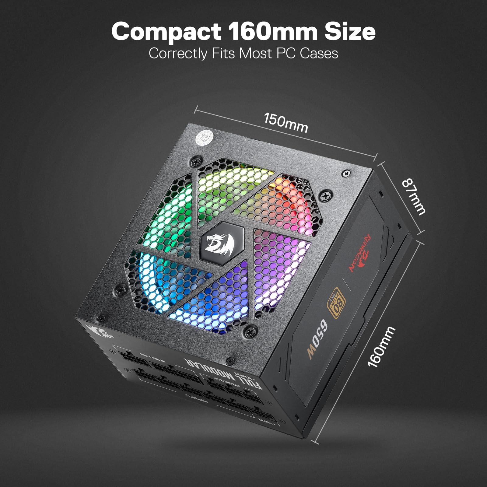 Redragon Redragon RGPS-650W 80+ Gold 650 Watt ATX Fully Modular Power Supply w/ 80 Plus Gold Certified, Compact 160mm Size & RGB Low Noise Smart-ECO 0 RPM Fan, 100% Japanese Capacitors, Full Mod Cables, Black