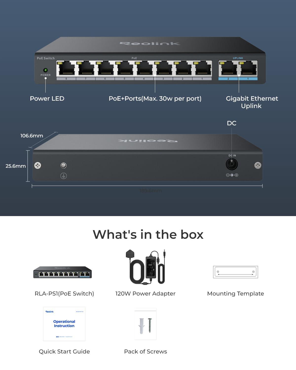 REOLINK REOLINK PoE Switch with 8 PoE and 2 Gigabit Uplink Ports, Ideal for REOLINK RLN36 NVR and Power Over Ethernet IP Cameras, IEEE802.3af/at, Metal Casing, Desktop/Wall Mount, RLA-PS1