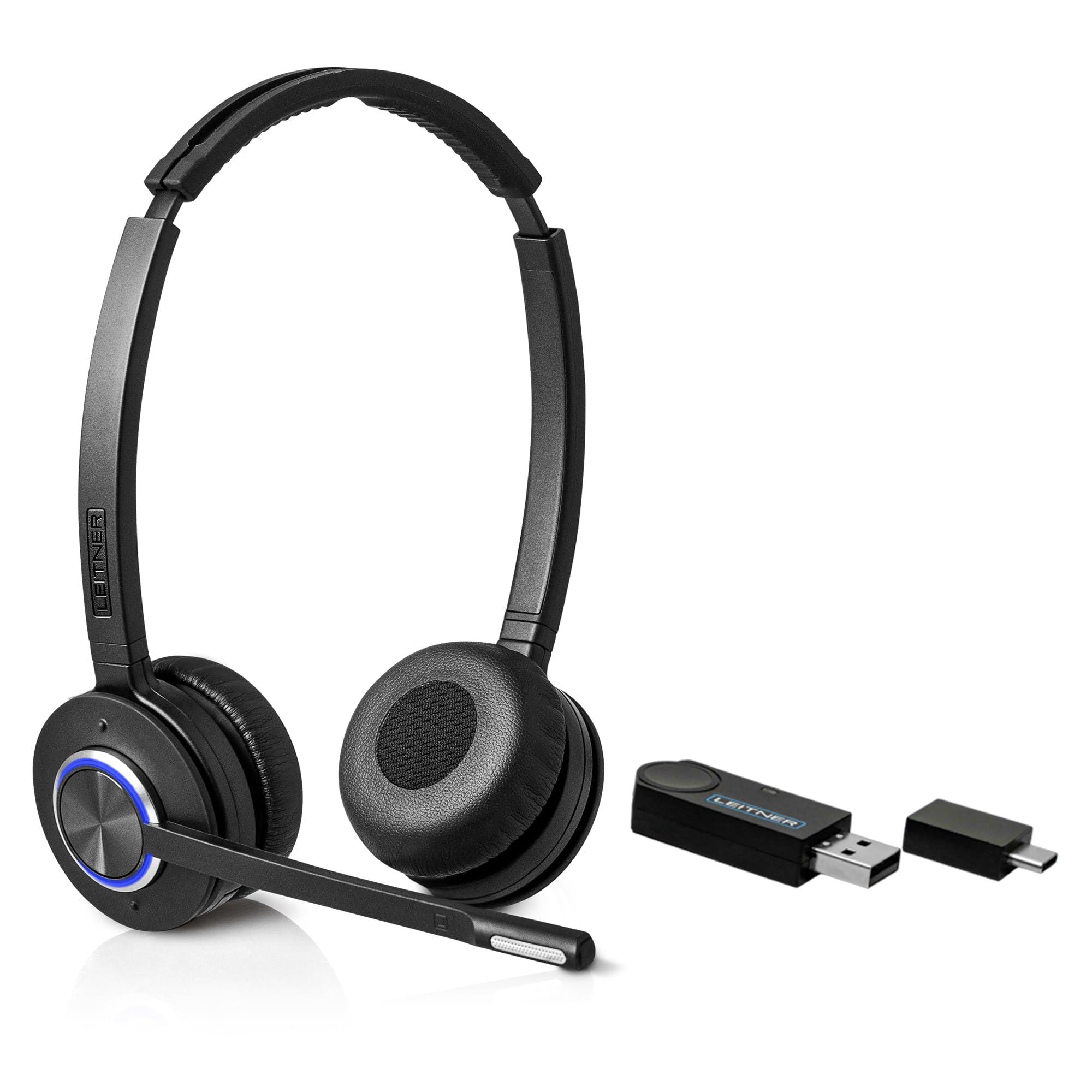 Leitner Leitner LH475 Wireless Computer Headset with Microphone Zoom and Teams Headset DECT USB Dongle Headset for Softphone, Computer, Laptop, and Tablet Single or Dual-Ear Wearing Style