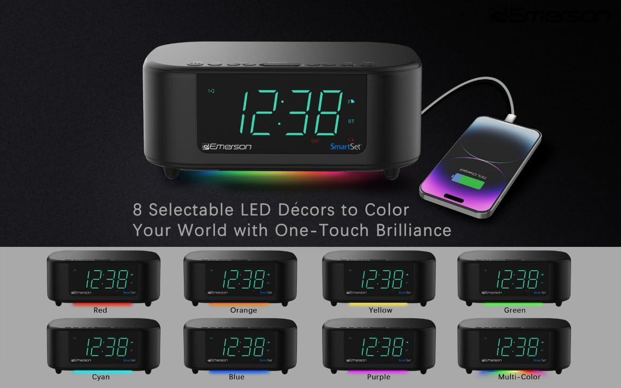 Emerson Emerson CKS8888 6-Watt Smartset Stereo Sound Bluetooth Speaker AM/FM Radio with 7-Color Changing Lights, 1.2 Cyan Display and USB Type-C Charging, Black