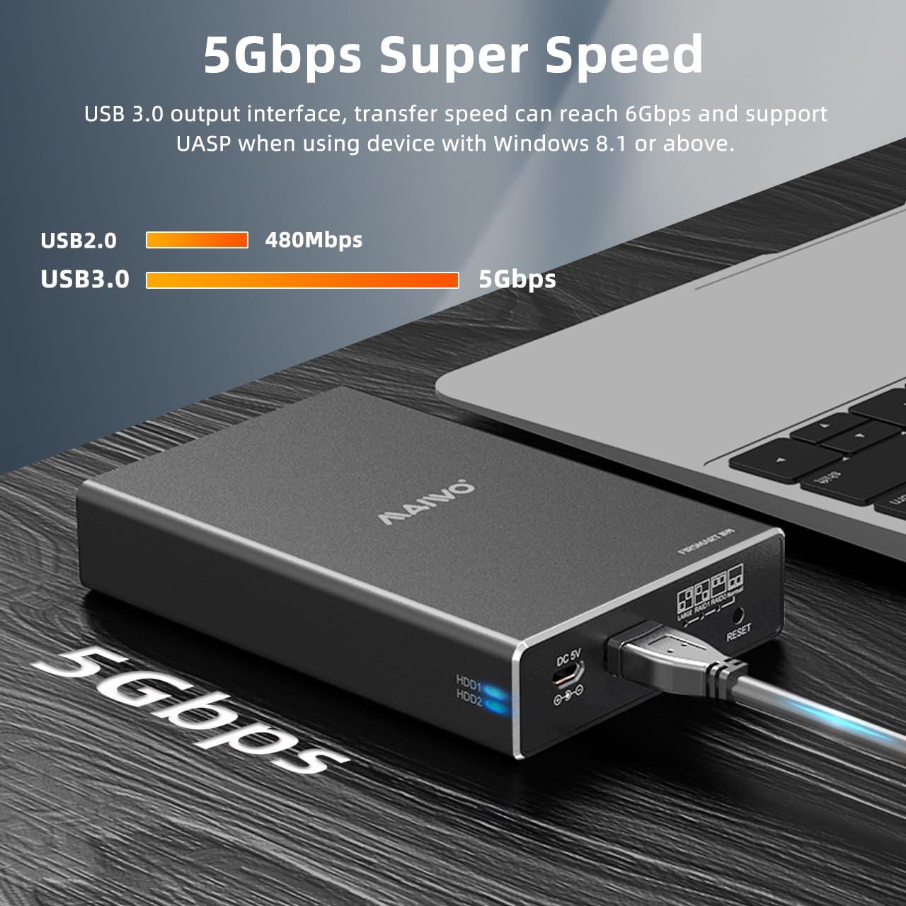 MAIWO MAIWO Dual Bay Hard Drive RAID Enclosure for 2.5 Inch SATA SSD HDD, RAID 0/RAID 1/JBOD/PM, USB 3.0 6Gbps with UASP, 16TB Capacity, External HDD Bay Aluminum