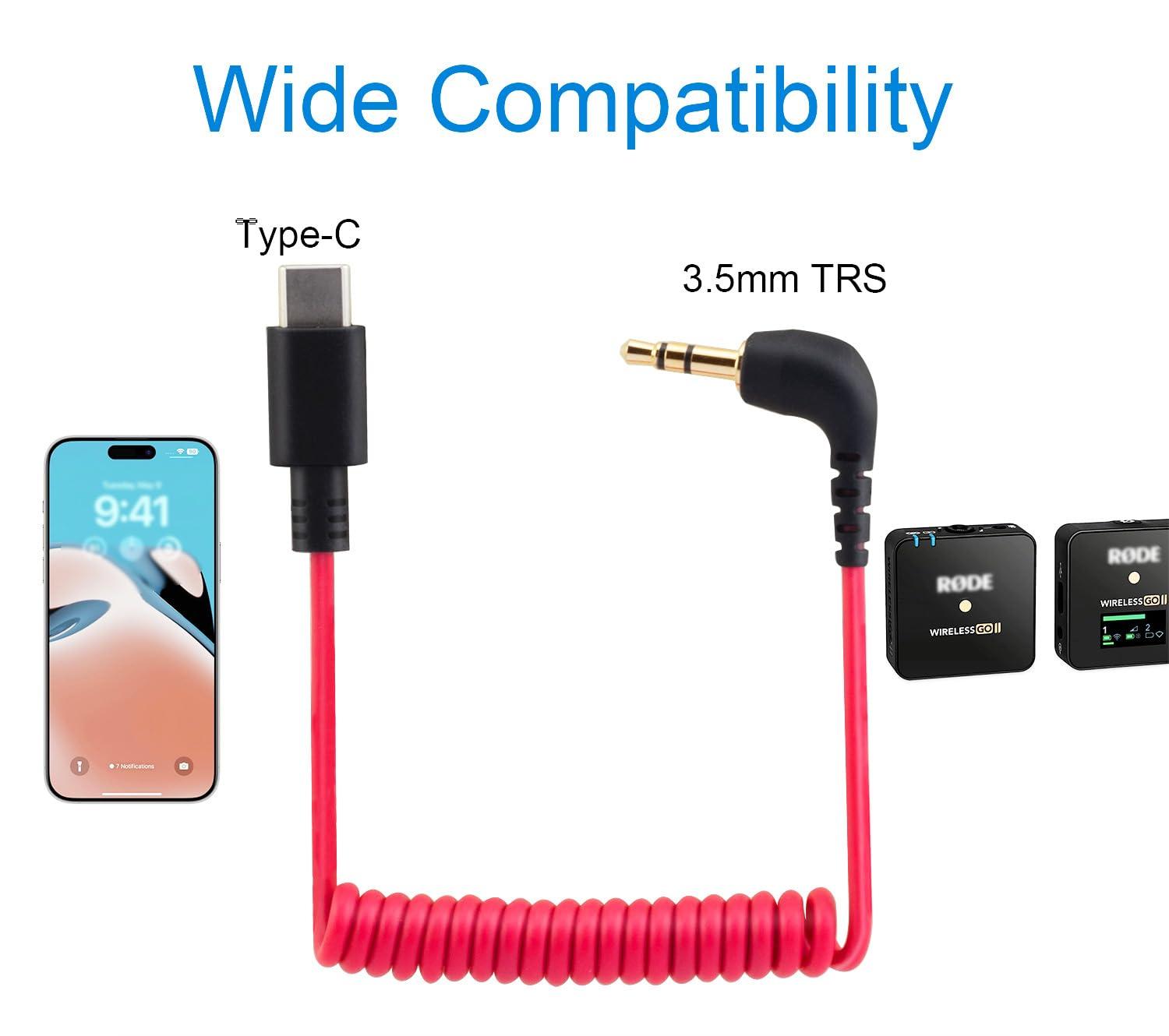 JCMOYUTY JCMOYUTY USB C to 3.5mm Cable for RODE Wireless Go II, Coiled Right Angle TRS Male DAC AUX Adapter Audio Cord Compatible with iPhone 15 Pro Max Plus, Galaxy S23 Ultra, Pixel 7 iPad Air Mini