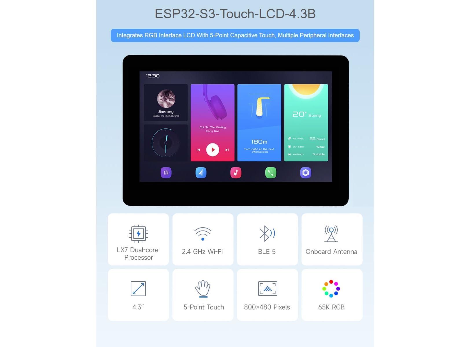 waveshare waveshare ESP32-S3 4.3inch Capacitive Touch LCD Development Board Type B with Case 800480 Solution IPS Display with 2.4GHz WiFi and BLE 5 Support,32-bit LX7 Dual-core Processor