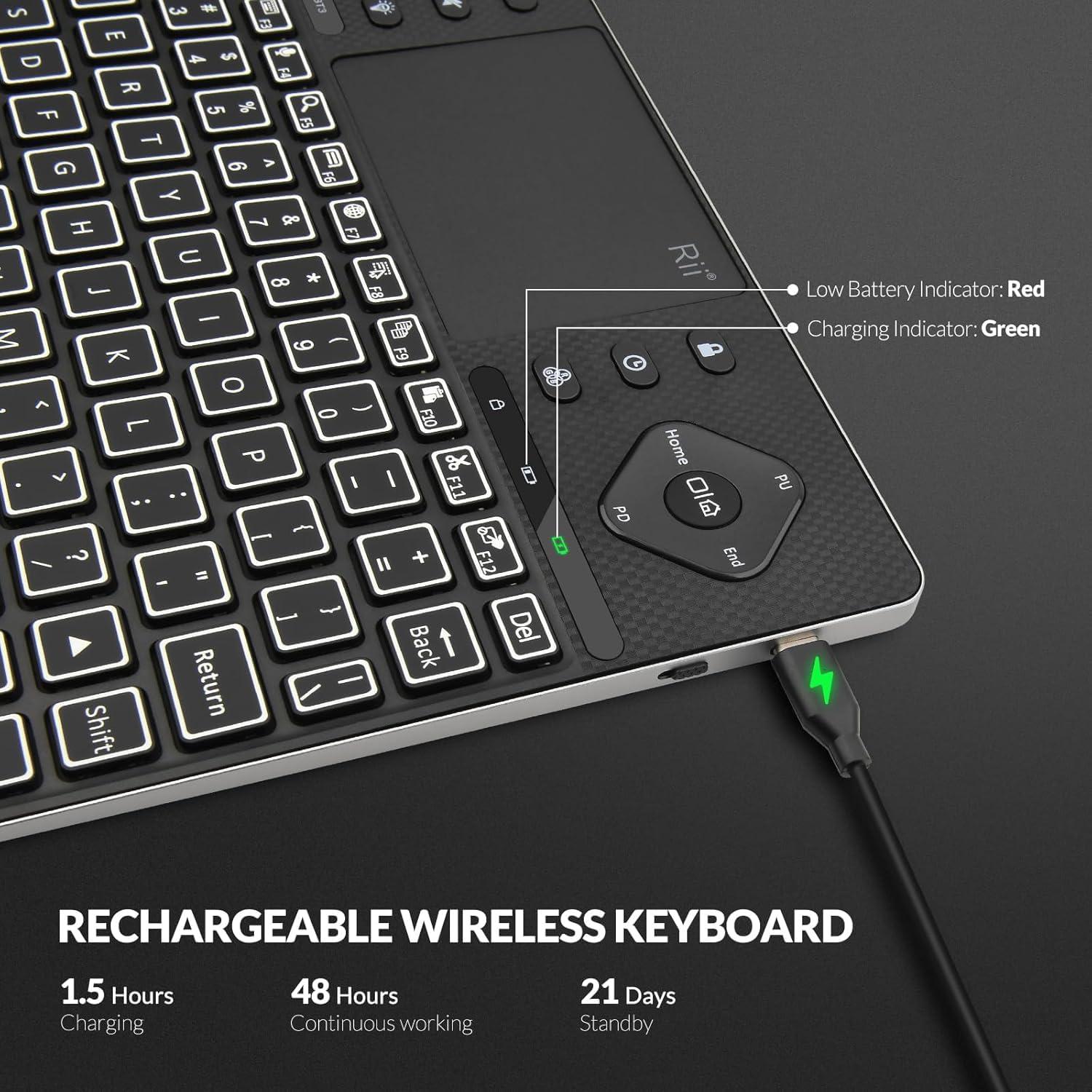 Rii Rii Wireless Keyboard K16,Bluetooth Keyboard with Touch Pad, Rechargeable Keyboard with RGB Backlit,Multimedia Compact Keyboard for Android TV,Projector,HTPC,Smart TV,Tablet,iPad,PC,Laptop