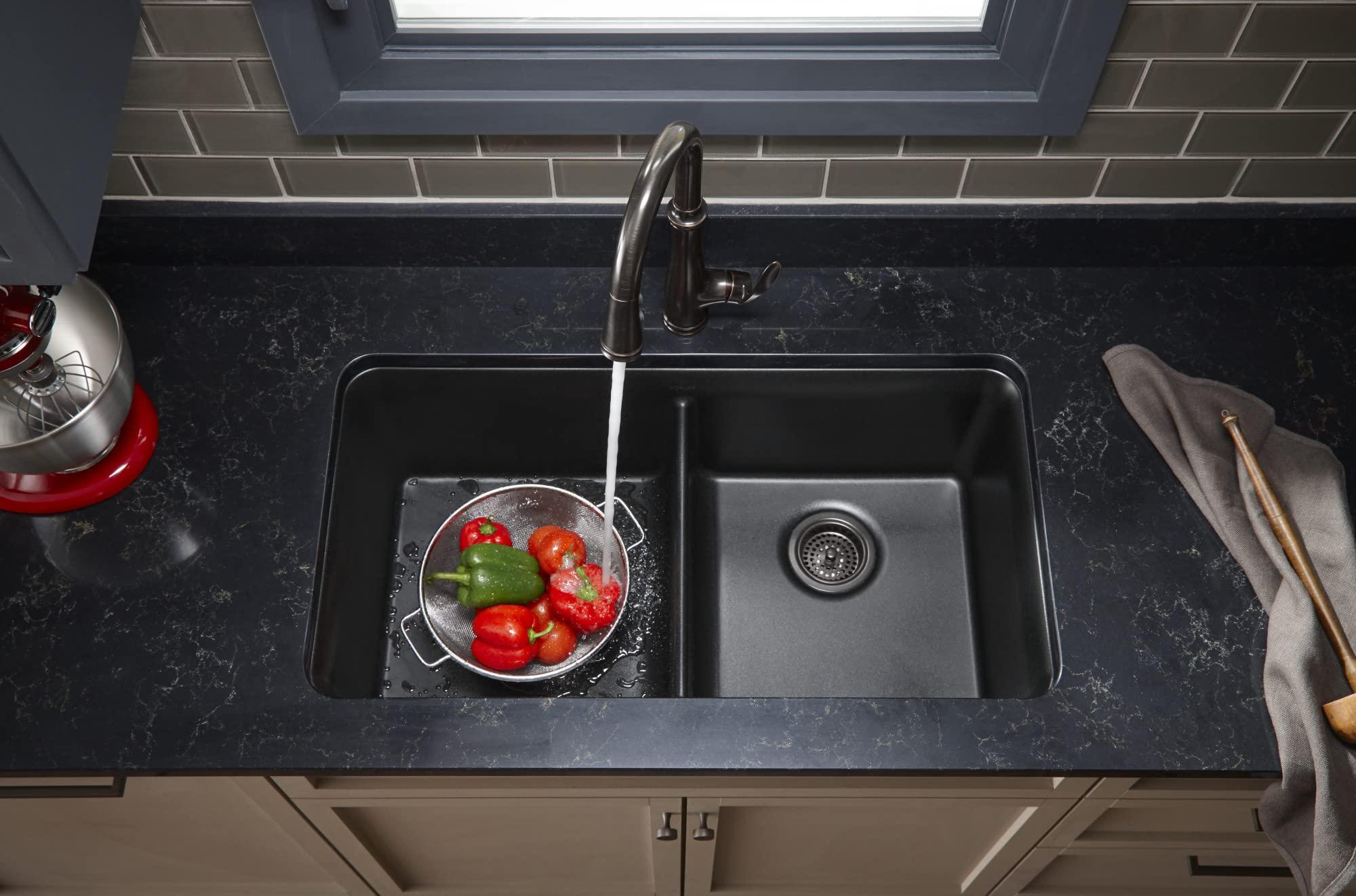 Kohler KOHLER K-8199-CM1 Cairn Sink, 33\" Neoroc Composite Undermount Double-Bowl Kitchen Sink, Composite Kitchen Sink with Sink Rack, Matte Black