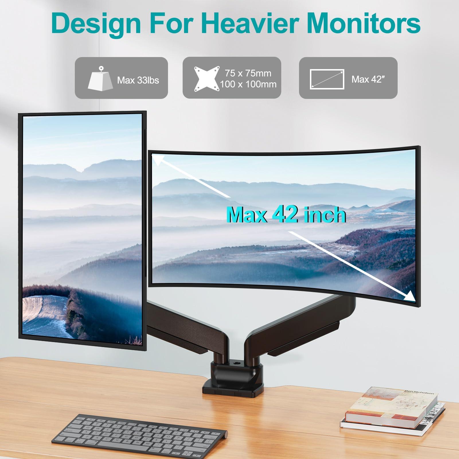 MOUNT PRO MOUNT PRO Dual Monitor Stand Fits Max 42 Inch Computer Screen, Heavy Duty Premium Monitor Mount for 2 Monitors, Each Arm Holds up to 33lbs, Ultrawide 2 Monitor Desk Mount, VESA Mount 75x75mm/100x100mm