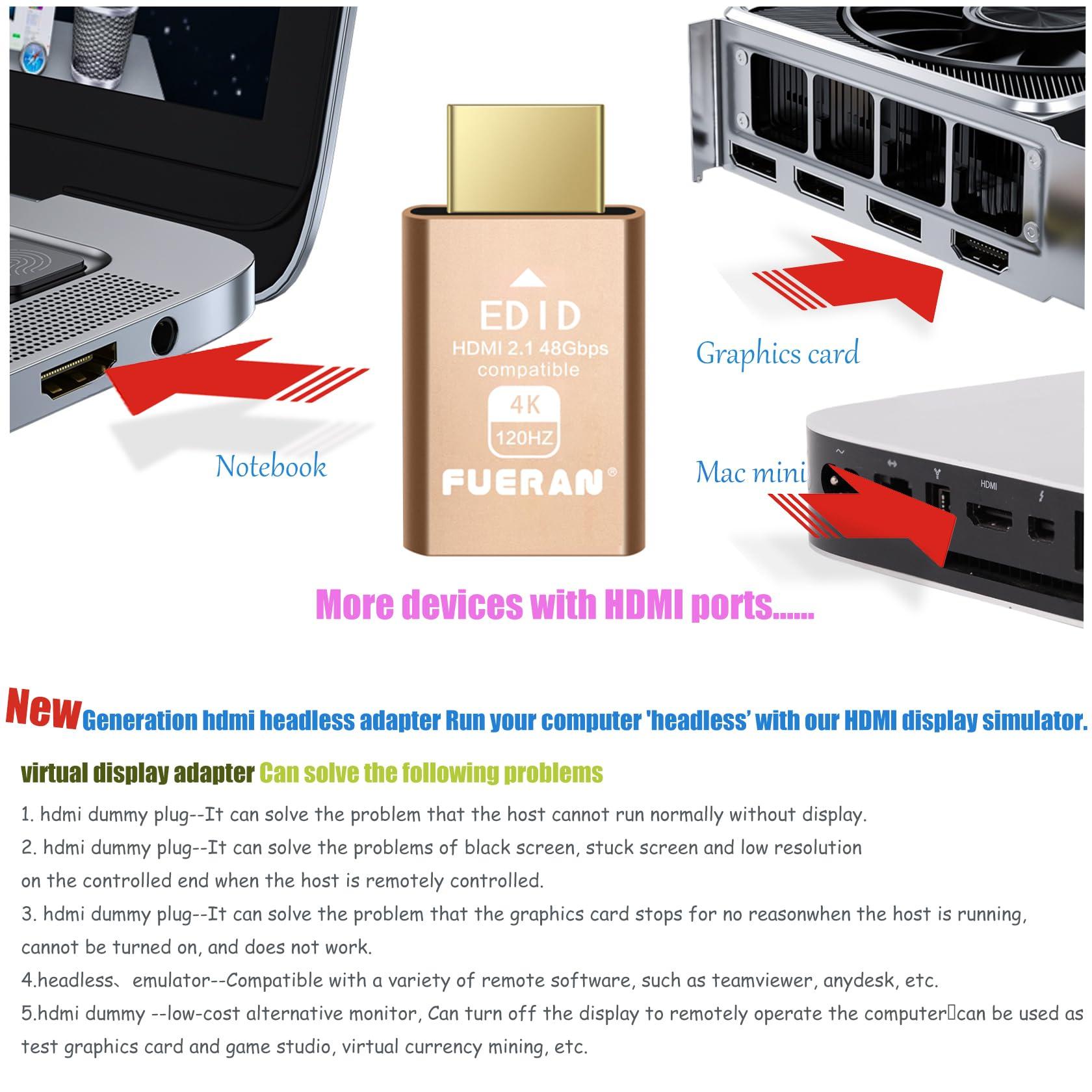 FUERAN FUERAN HDMI 2.1 Dummy Plug 4K@120Hz Virtual Display Emulator, Headless Adapter, HDMI Display Adapter, Supports 3840x2160@120Hz, 1440P@120Hz, 1080P@120Hz, EDID Emulator for GPU/Remote Desktop