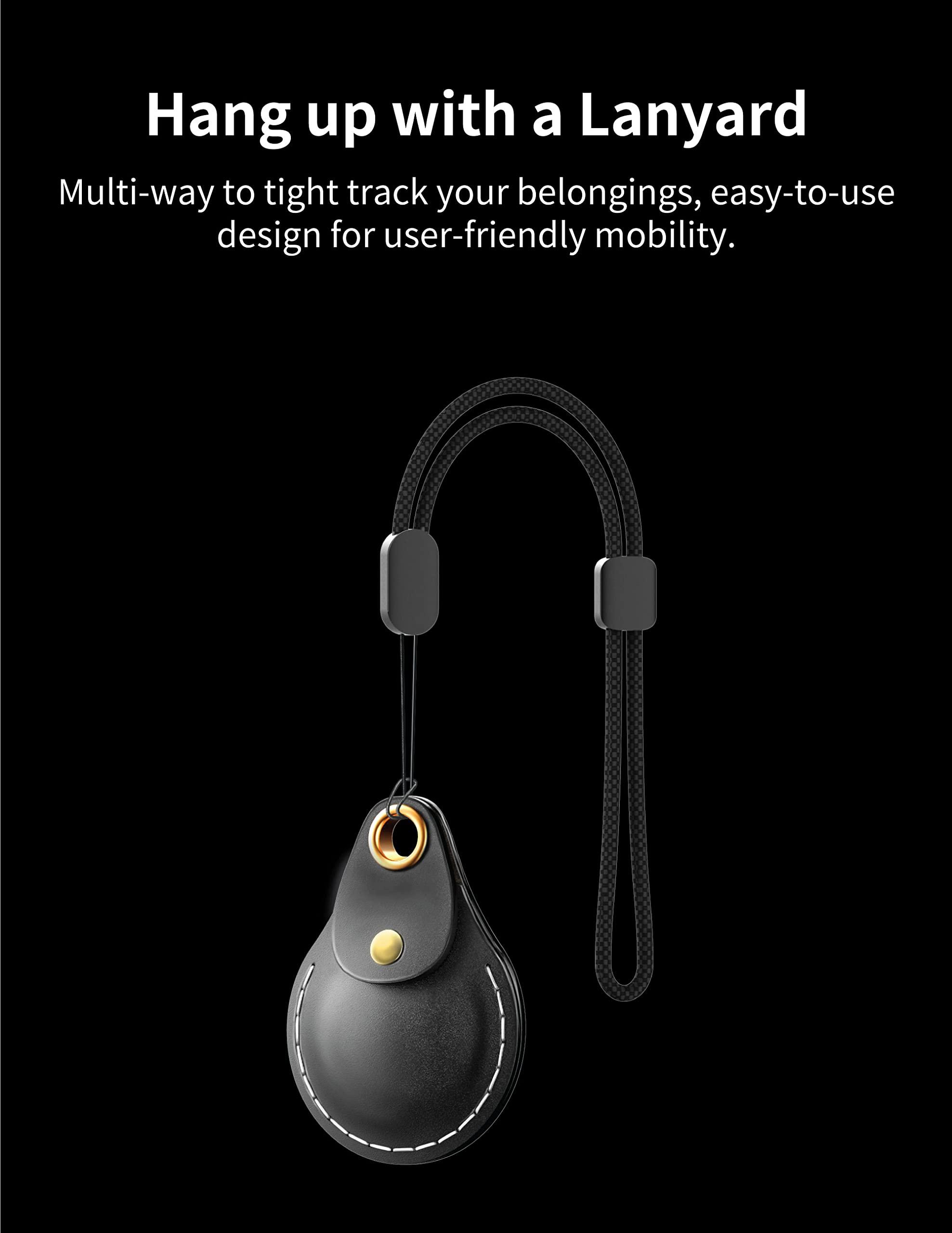 VogDuo VogDuo Genuine Leather Case for AirTag - Full Cover Lanyard Metal Key Ring Secure Tracker Holder for Wallet, Backpack, Luggage, Pet, (Black)