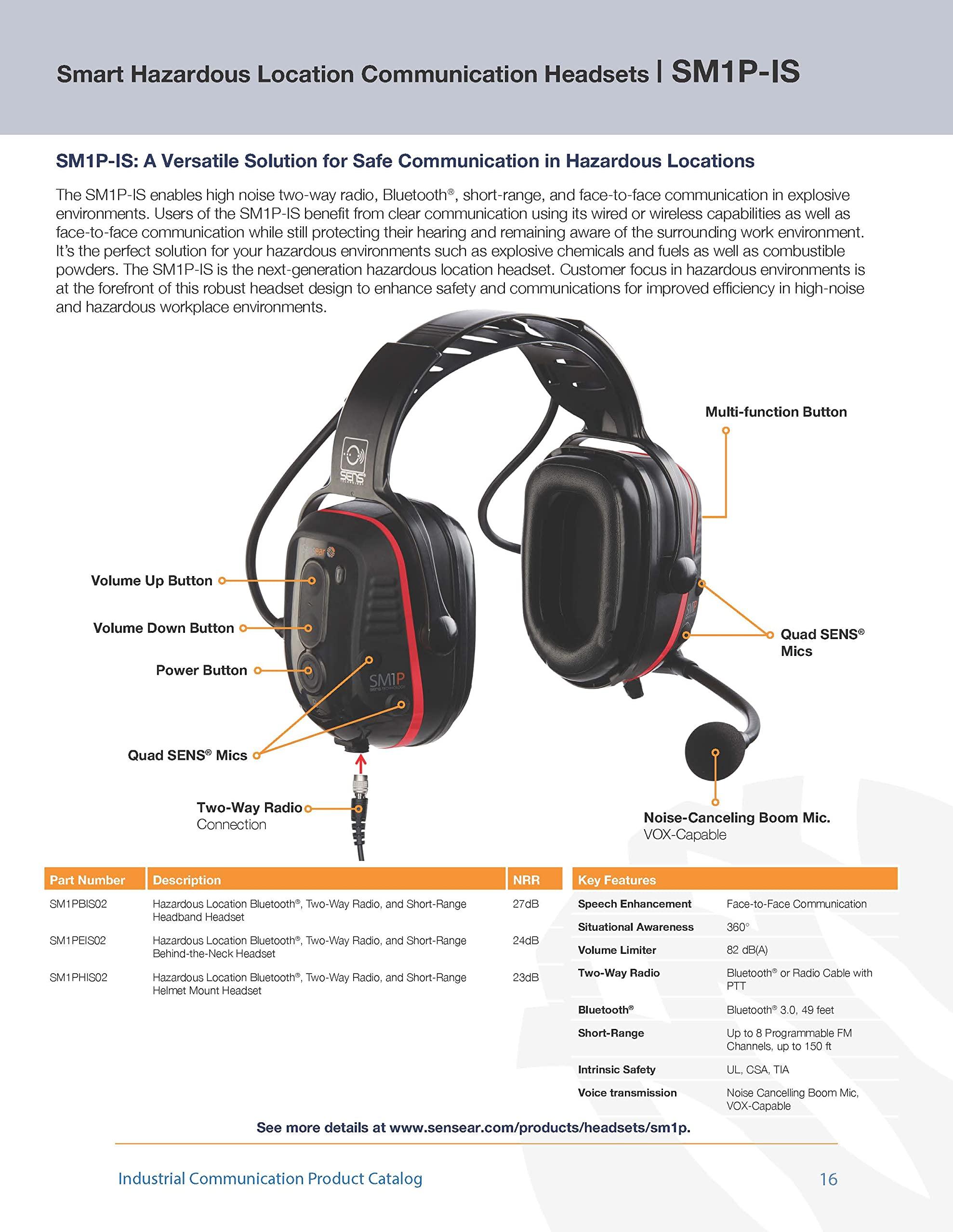 Sensear Sensear SM1P-IS Hazardous Location Smart Wireless Industrial Communication Headset, Behind-the-Neck, 24 dB NRR, Noise Cancelling Ear Protection, 82 dB Volume Limiter, Manufacturing, Oil & Gas, Mining