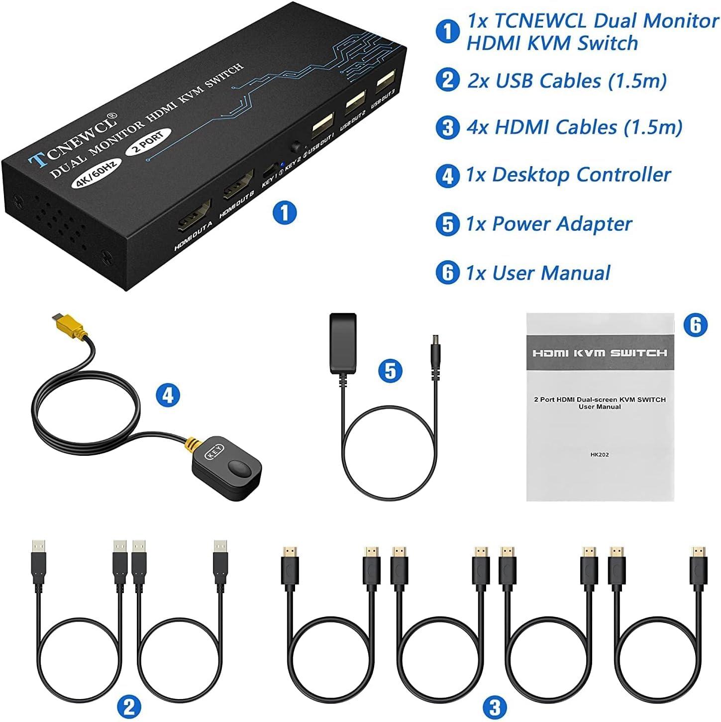 TCNEWCL TCNEWCL KVM Switch 2 Monitors 2 Computers, 4K@60Hz Dual Monitor KVM Switch for 2 PC Share 2 Monitor 3 USB 2.0 Hub, Support Extended/Copy Mode with 4 HDMI Cables+2 USB Cable and Desktop Controller