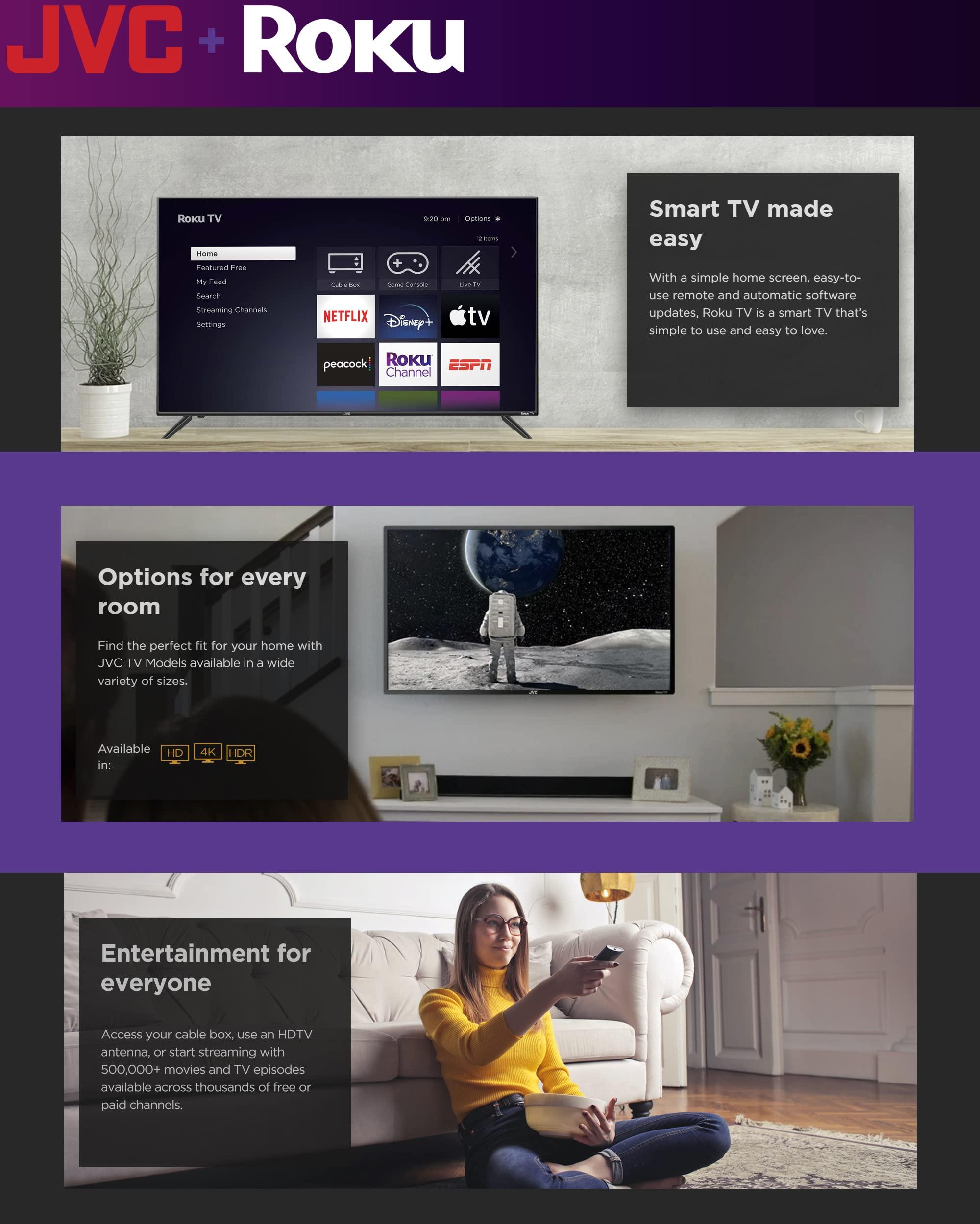 JVC JVC 32-Inch 720p HD LED Roku Smart TV with Voice Control App, Airplay, Screen Casting, & 300+ Free Streaming Channels (LT32MAW2)