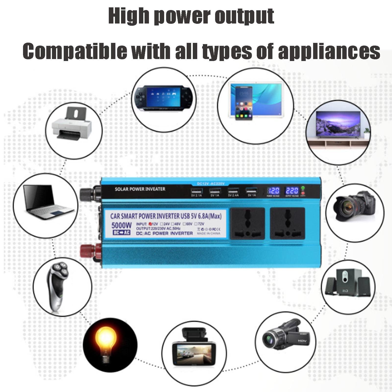 HYDTGZ 3000W Power Inverter DC 12V/24V/48V/60V to 220V /110V Inverter Converter 3 AC Universal Sockets 4 USB, LED Display,12v 220v