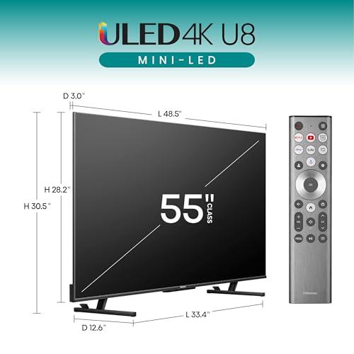 Hisense Hisense 55-Inch Class U8 Series Mini-LED ULED 4K UHD Google Smart TV (55U8N, 2024 Model) - QLED, Dolby Vision IQ, Dolby Atmos, Full Array Local Dimming Pro, 144Hz Game Mode Pro, Alexa Compatibility