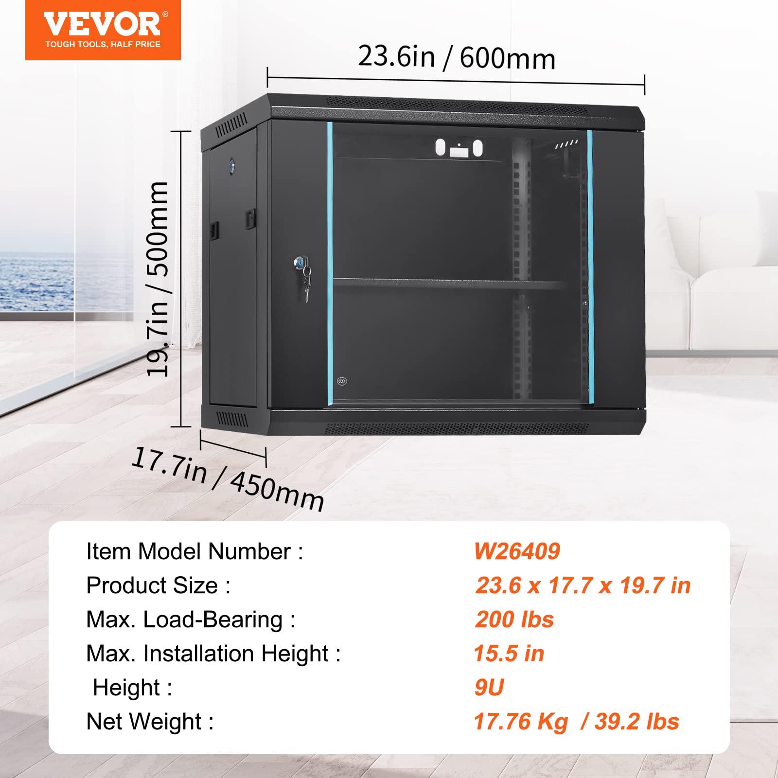 VEVOR VEVOR 9U Wall Mount Network Server Cabinet, 15.5\'\' Deep, Server Rack Cabinet Enclosure, 200 lbs Max. Ground-Mounted Load Capacity, with Locking Glass Door Side Panels, for IT Equipment, A/V Devices