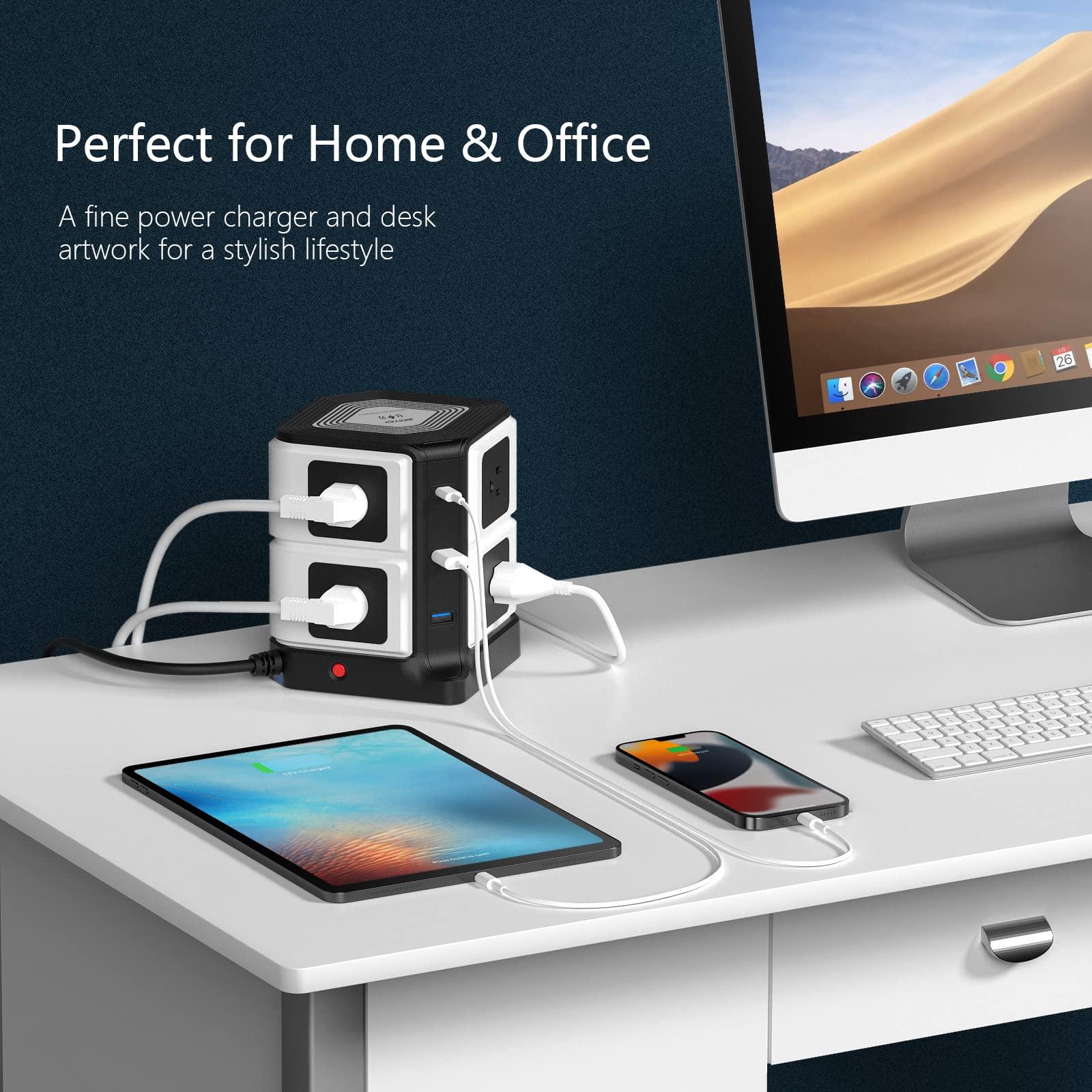 BESTEK USB Power Strip with Wireless Charger BESTEK 8-Outlet Surge Protector and 40W 6-Port USB Charging Dock Station,1500 Joules,ETL Listed,Dorm Room Accessories (8AC+6USB+Wireless Charger-Black)