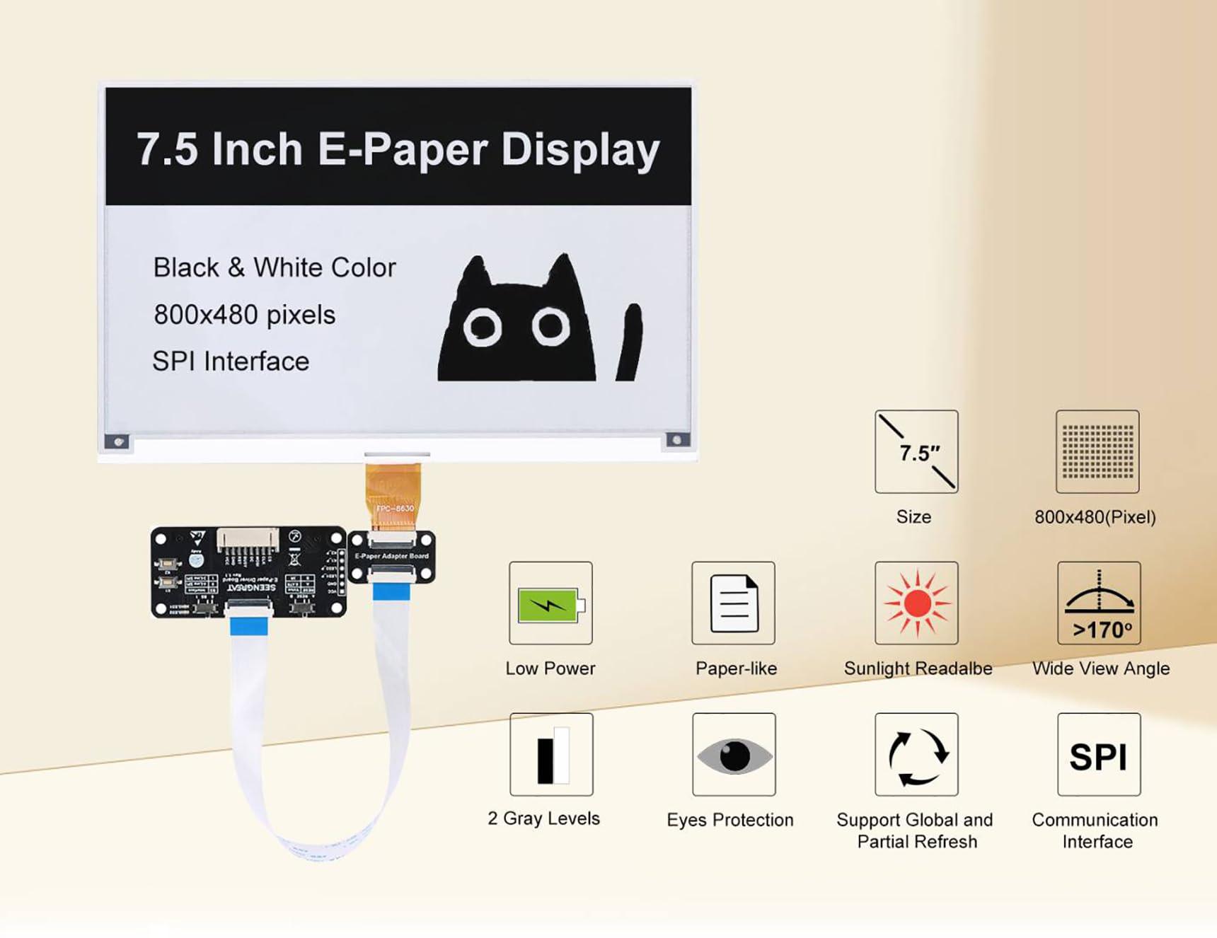 xicoolee 7.5inch E-Ink Display HAT for Raspberry Pi/Jetson Nano Also Fits Arduino/Nucleo 800x480 Pixel Black/White Two-Color SPI Interface E-Paper Screen Panel
