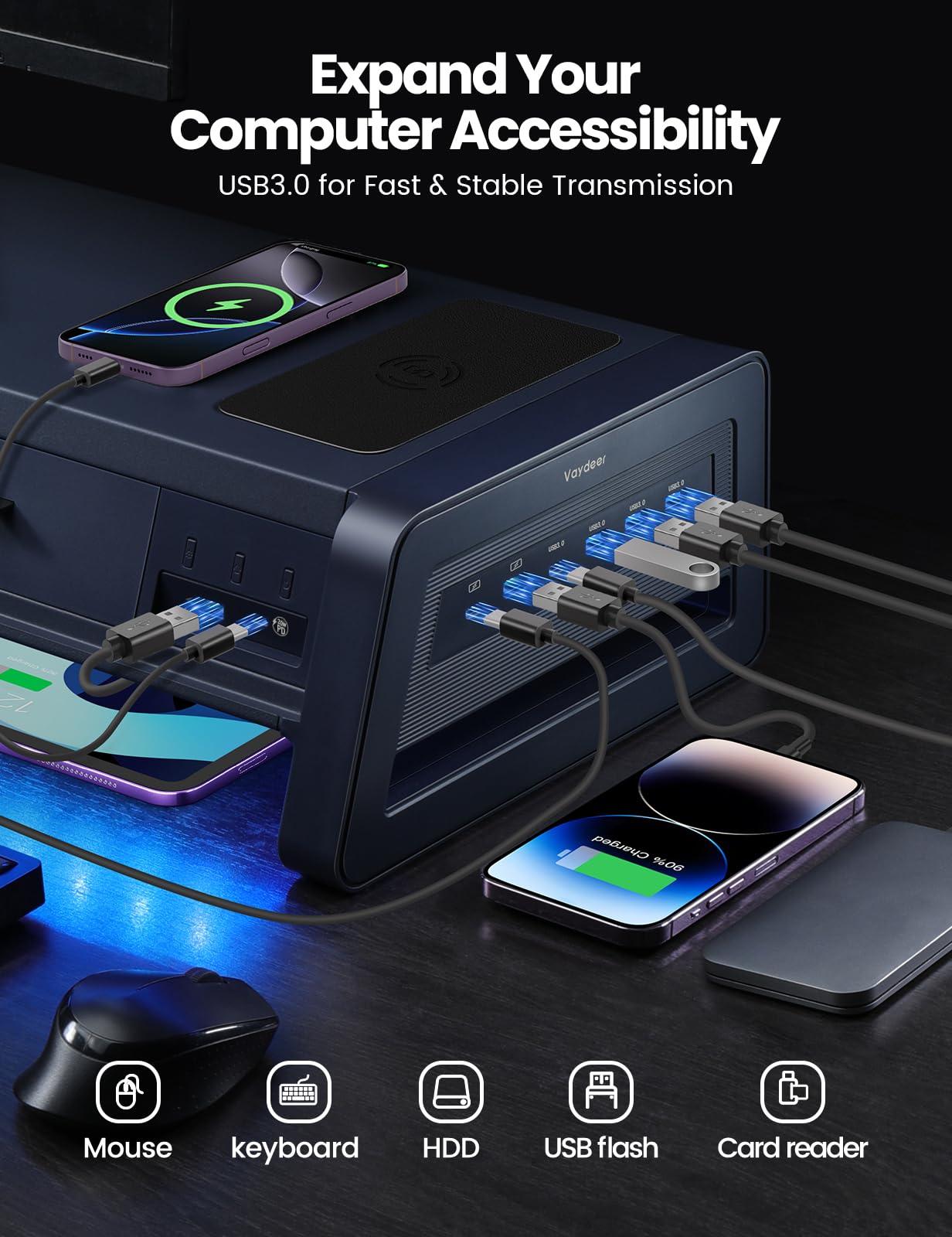 Vaydeer Vaydeer All-in-One Dual Monitor Stand Riser with 2 Drawers, 8USB Ports and Wireless Charging Pad with LED Light Strip for 2 Monitors , Desk Organizer for PC, iMac (Metal, 39.3 inches)