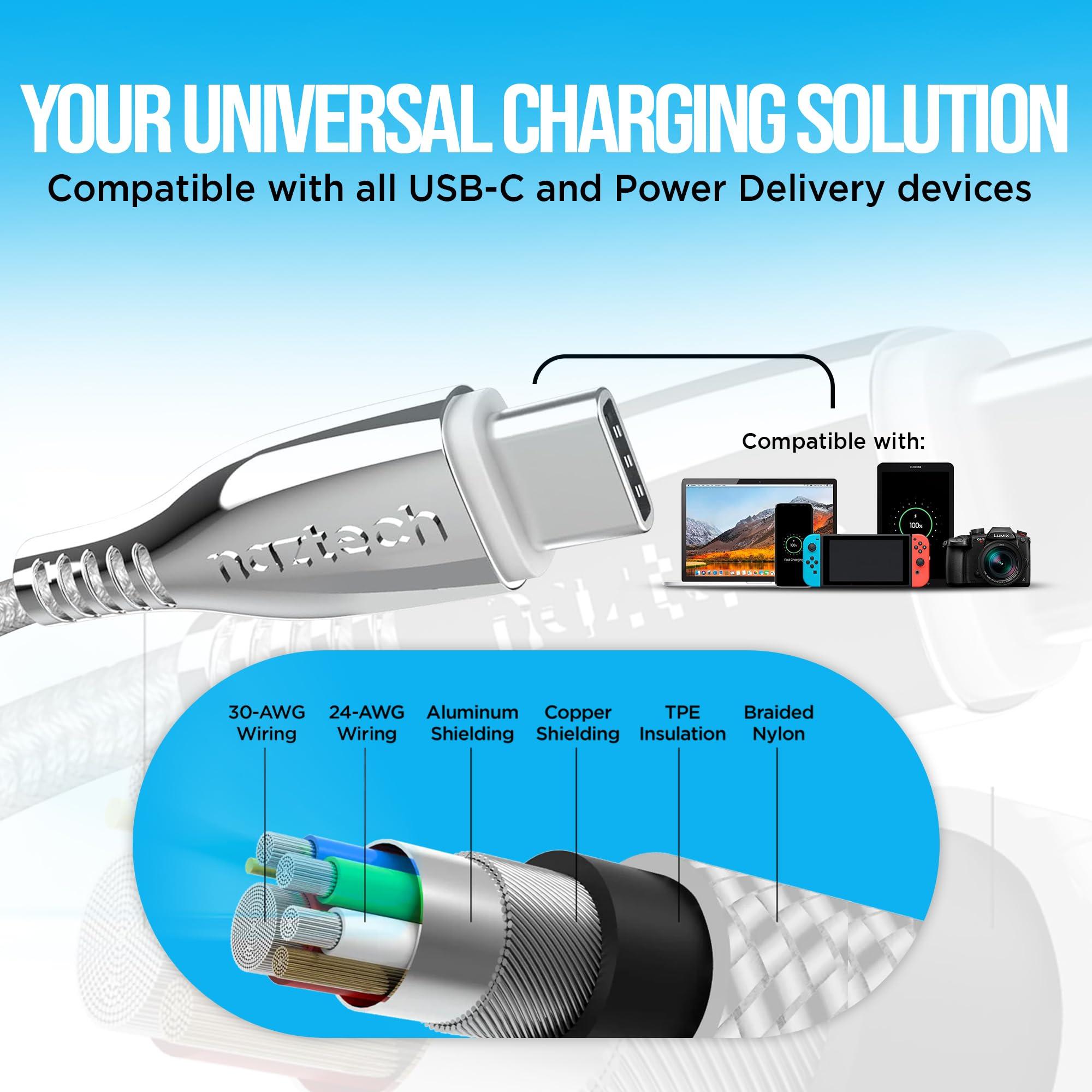 Naztech Naztech Titanium 6ft USB-C to USB-C Charger Cord - Durable, Braided Fast Charging Cable w/High-Speed Data Transfer & 60 W Power Delivery, Compatible with iPhone, Android, Tablets, & More - White