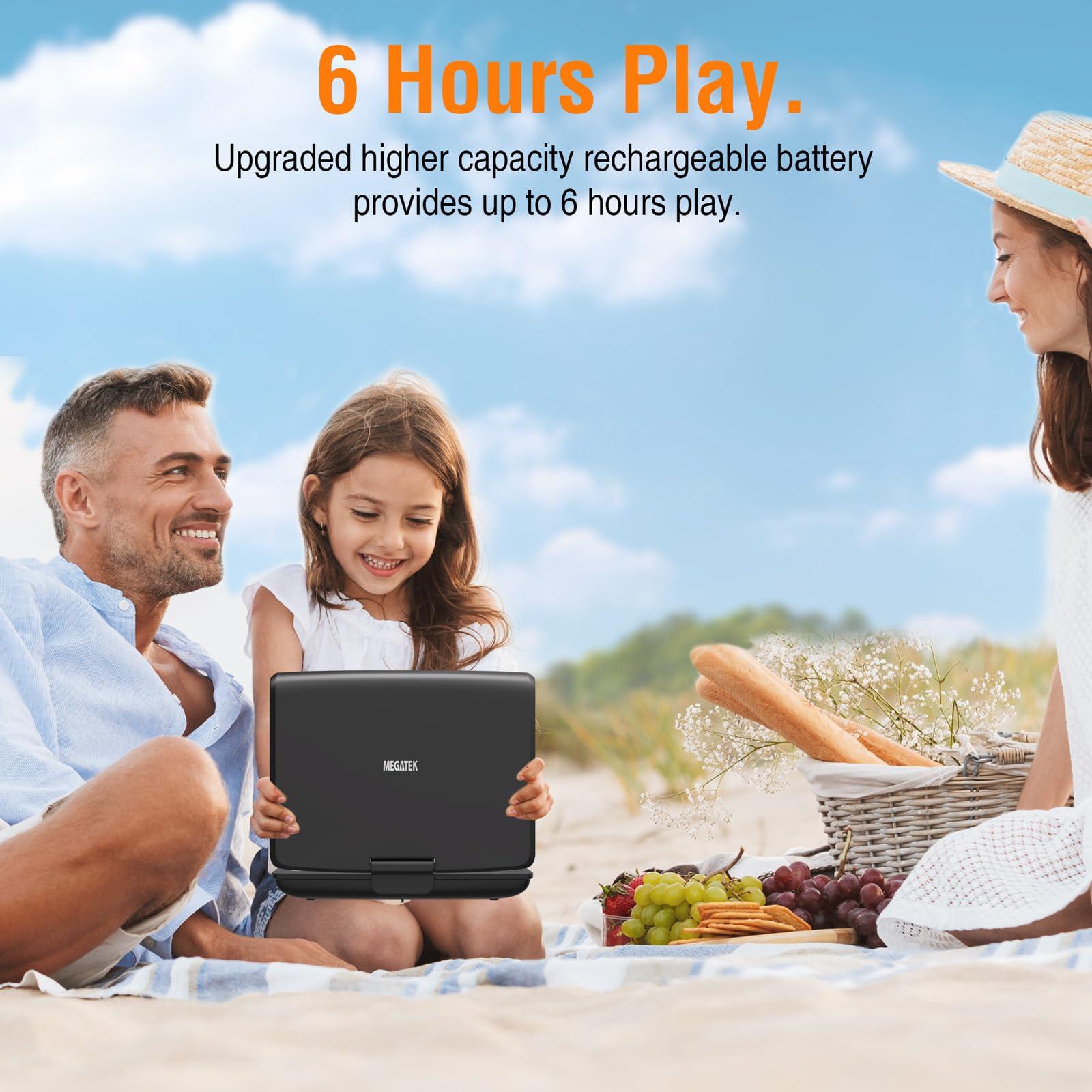MEGATEK Megatek 12.5" Portable DVD Player with Headphones, Extended 6-Hour Battery, 10.5" HD Swivel Screen, Supports CD/DVD/USB/SD Card, Car Headrest Mount, Car Charger, AC Power Adapter, Remote Control