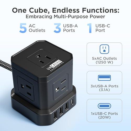 Uncaged Ergonomics Cube Power Strips with Surge Protection, 10ft Extension Cord with Multiple Outlets, 5 AC Plugs + 3 USB + 1 USB-C Fast Charging Power Strip with USB Ports, Mountable On/Off Switch Charging Station