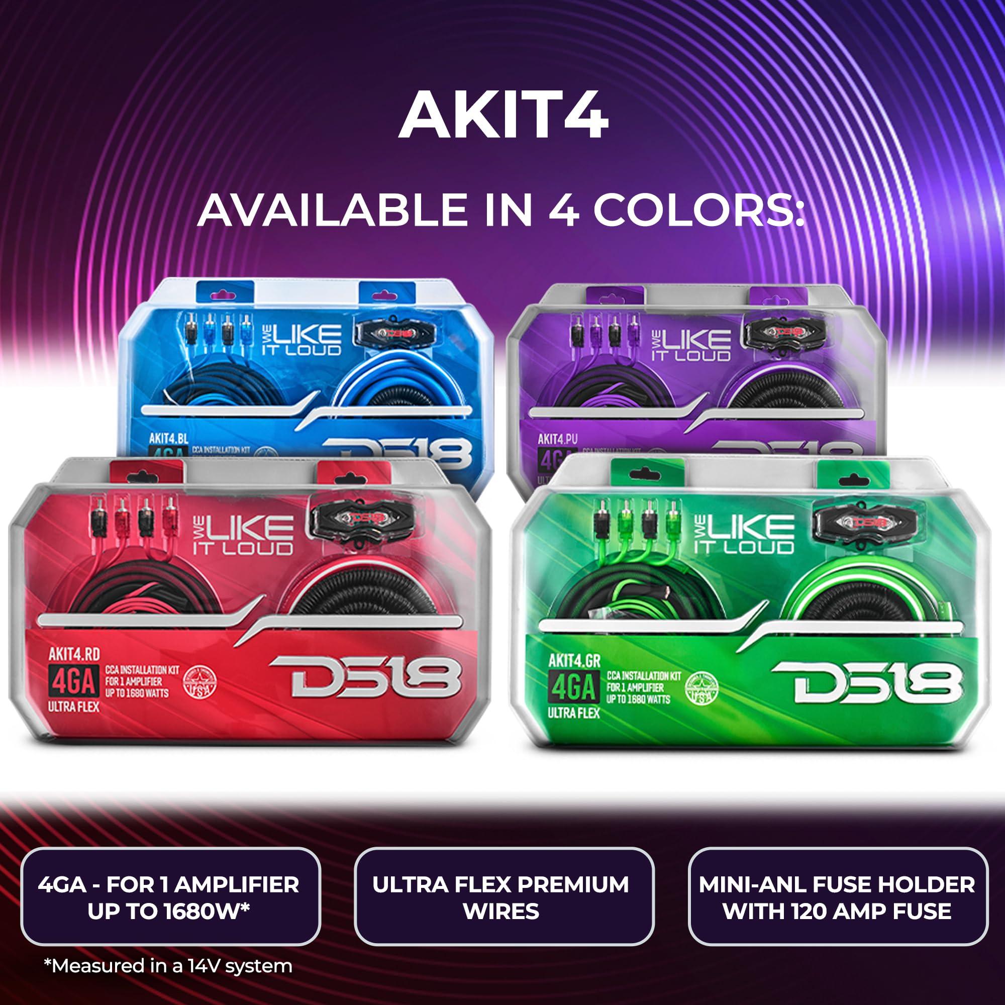 DS18 DS18 AKIT4.BL 4-GA Amplifier Installation Kit Up to 1680 Watts RMS, Mini-ANL Fuse Holder, Speaker & RCA Cables, CCA Amplifier Wiring Kit, Ultra Flex Wire, Amp Wire Kit, Amp Wiring Kit 4 Gauge - Blue
