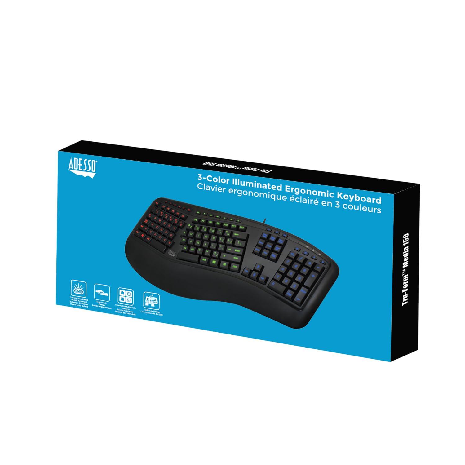 Adesso Adesso Tru-Form 150 3-Color Illuminated Ergonomic Keyboard AKB-150EB