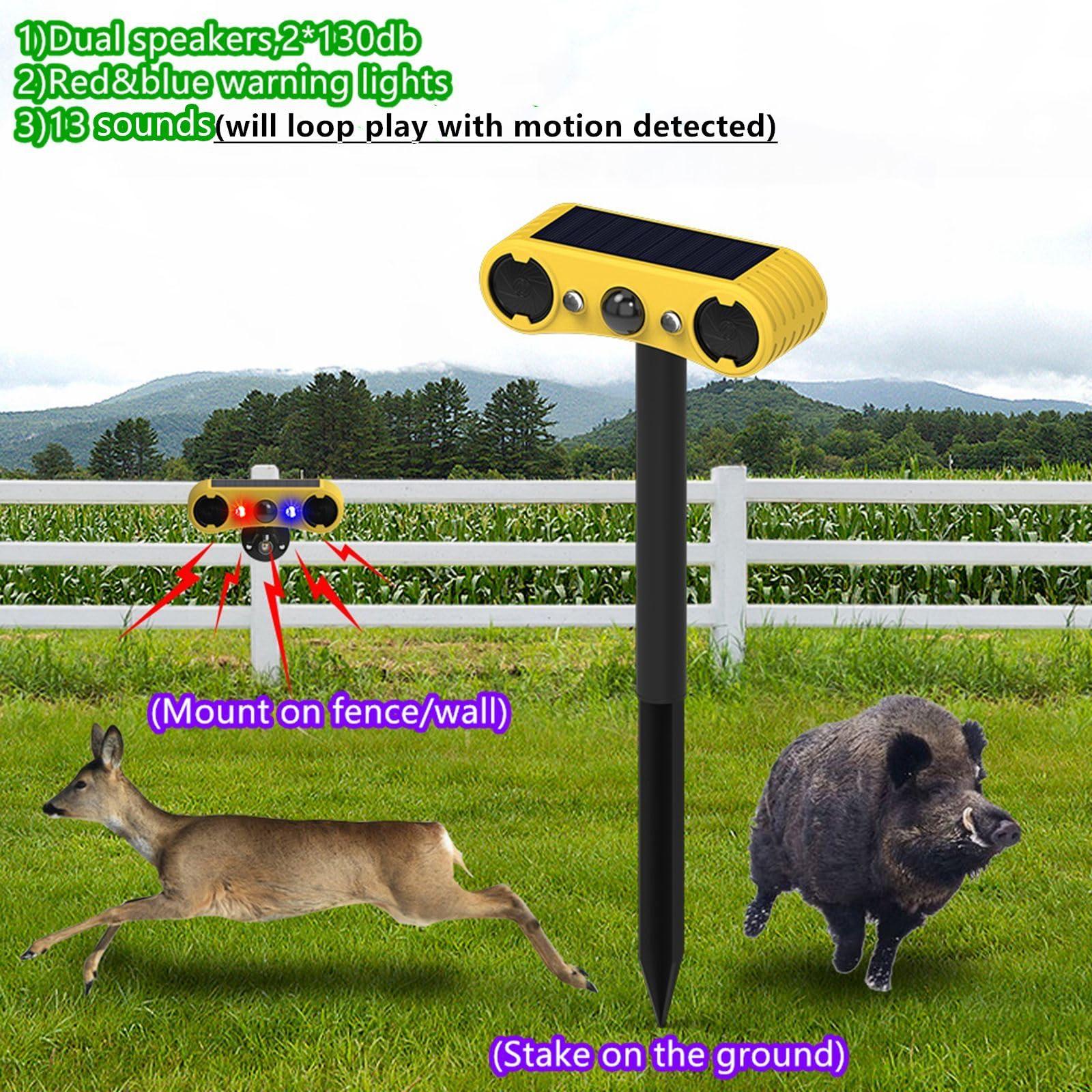 HULPPRE HULPPRE Solar Outdoor Motion Sensor Alarm-13 Sounds Including Dog Barking&Gunshot,2*130db Loud Noise Maker,4 Modes,Red&Blue Motion Activated Strobe Light,Say Goodbye to The Intruders