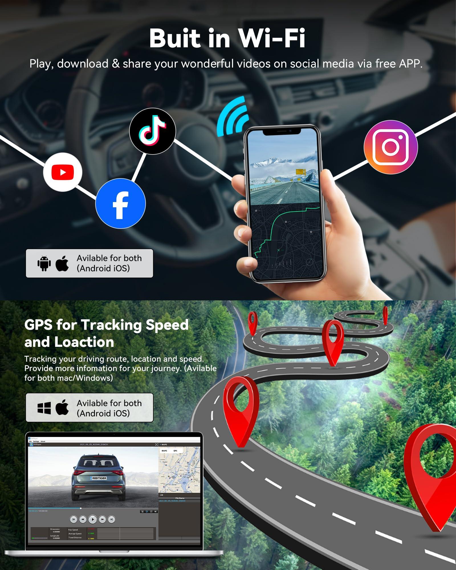 REDTIGER REDTIGER Dash Cam for Cars,4K UHD 2160P Car Camera Front, Wi-Fi GPS,3.18\" LCD Screen,Night Vision,170 Wide Angle,WDR,24H Parking Monitor, G Sensor, Support 256GB Max(F7NS)