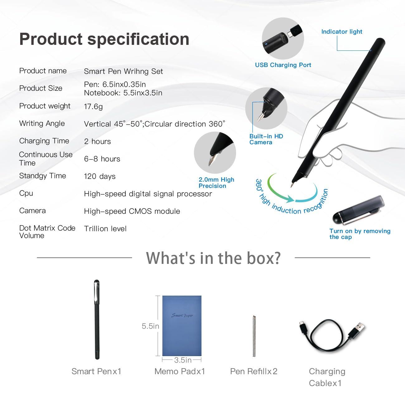 Ophayapen Ophayapen Digital Smart Pen+Small Notepad, Real-time Sync for Digitizing, Storing, and Sharing Paper Notes, Ideal for Note Taking, Drawing, Classroom, Meetings, Compatible with Android and iOS