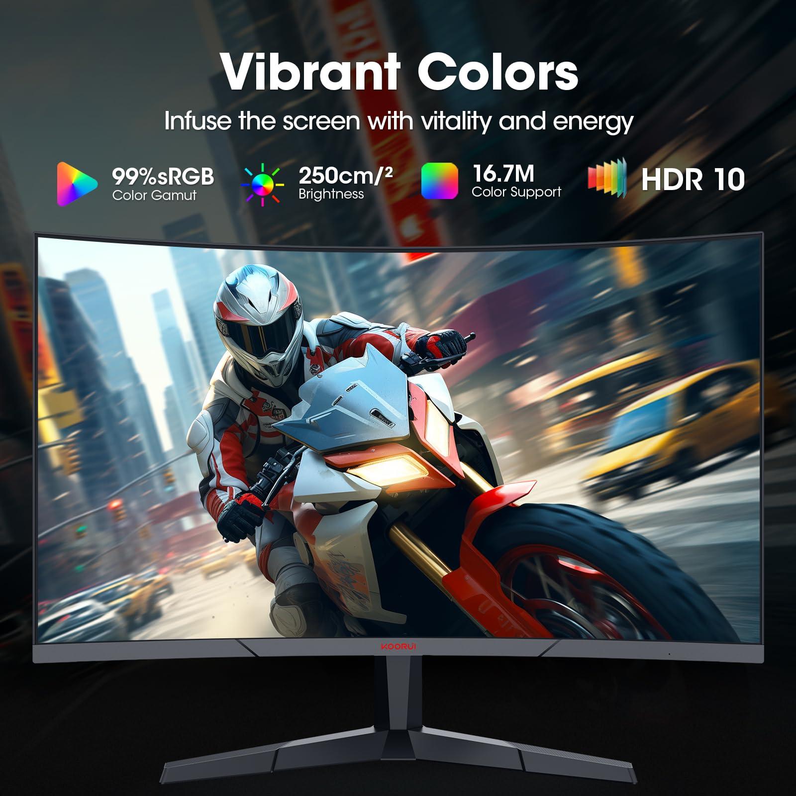 KOORUI KOORUI Curved 27 Inch Gaming Monitor, Full HD 1080p R1500 180Hz VA Computer Monitor, 99% sRGB, Built-in Adaptive Sync, 1 x Display Port 1.2 & 2 x HDMI 2.0, Eye Care, VESA Compatible, Black 27E6CA