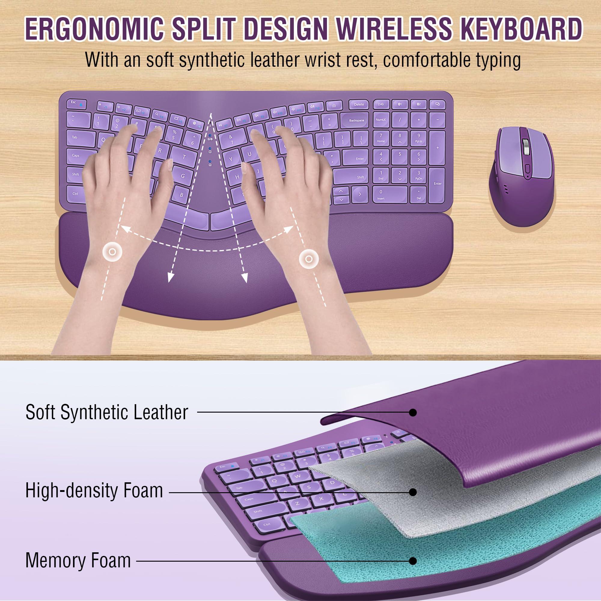 EDJO Ergonomic Wireless Keyboard Mouse Combo, EDJO Bluetooth/2.4G Dual Channel, Split Design, Soft Foam Palm Rest, 4 Level DPI Adjustable Wireless Mouse, Rechargeable, for Windows/Mac/Android(Purple)