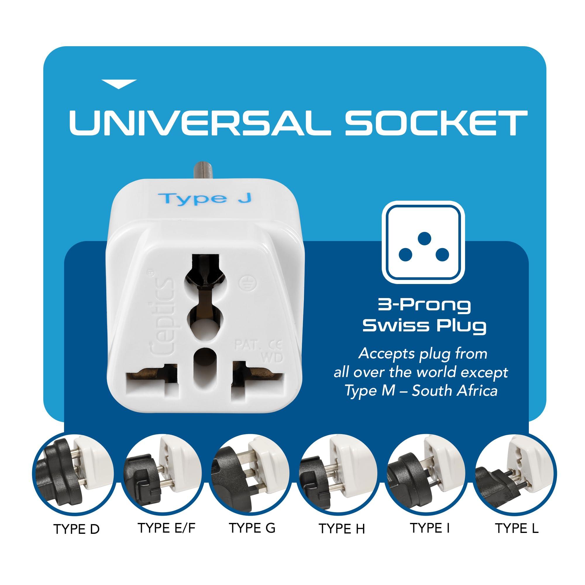 Ceptics Ceptics Switzerland Travel Plug Adapter (Type J) - 3 Pack [Grounded & Universal] (GP-11A-3PK)