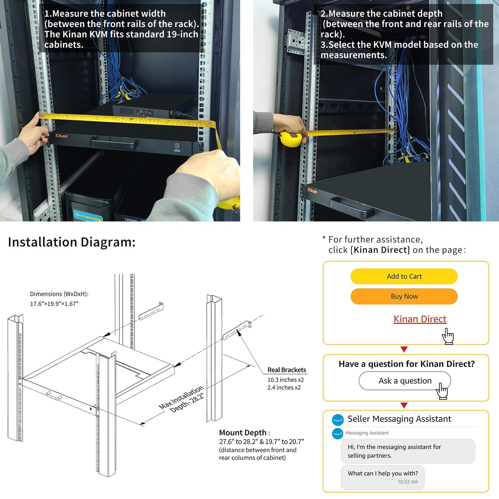Kinan 19" Rack Mount Monitor and Keyboard, 1U KVM Console, Single Port DVI VGA Rack KVM Switch, 1280X1024 60Hz, 5:4 Ratio, 23.8" Deep, VGA and DVI KVM Cable Included, Compatible with Windows,Linux,Mac,etc