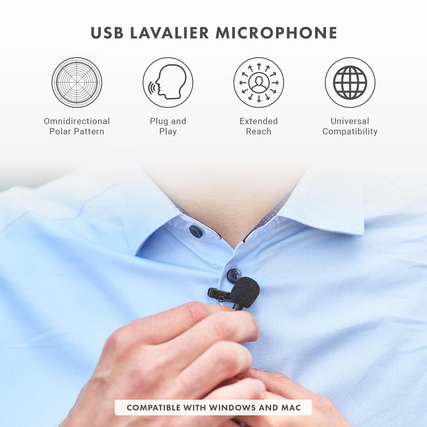 Movo Movo LV1-USB Lavalier Microphone for Camera, Lapel for iPhone and Android Smartphones, Body Lav Mic, Clip On Microphone for 3.5mm, Shirt Lapel Mic for Phone, GoPro, Interview, Computer, PC