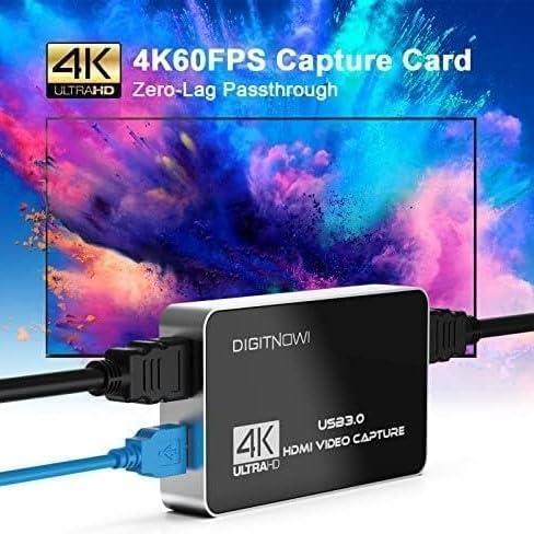DigitPro Digitpro 4K HDMI Video Capture Card, USB 3.0 with Microphone and Earphone HDMI Loop-Out, 4k 60Hz Video Recorder for Broadcast Live, Record via DSLR, Camcorder, or Action Cam