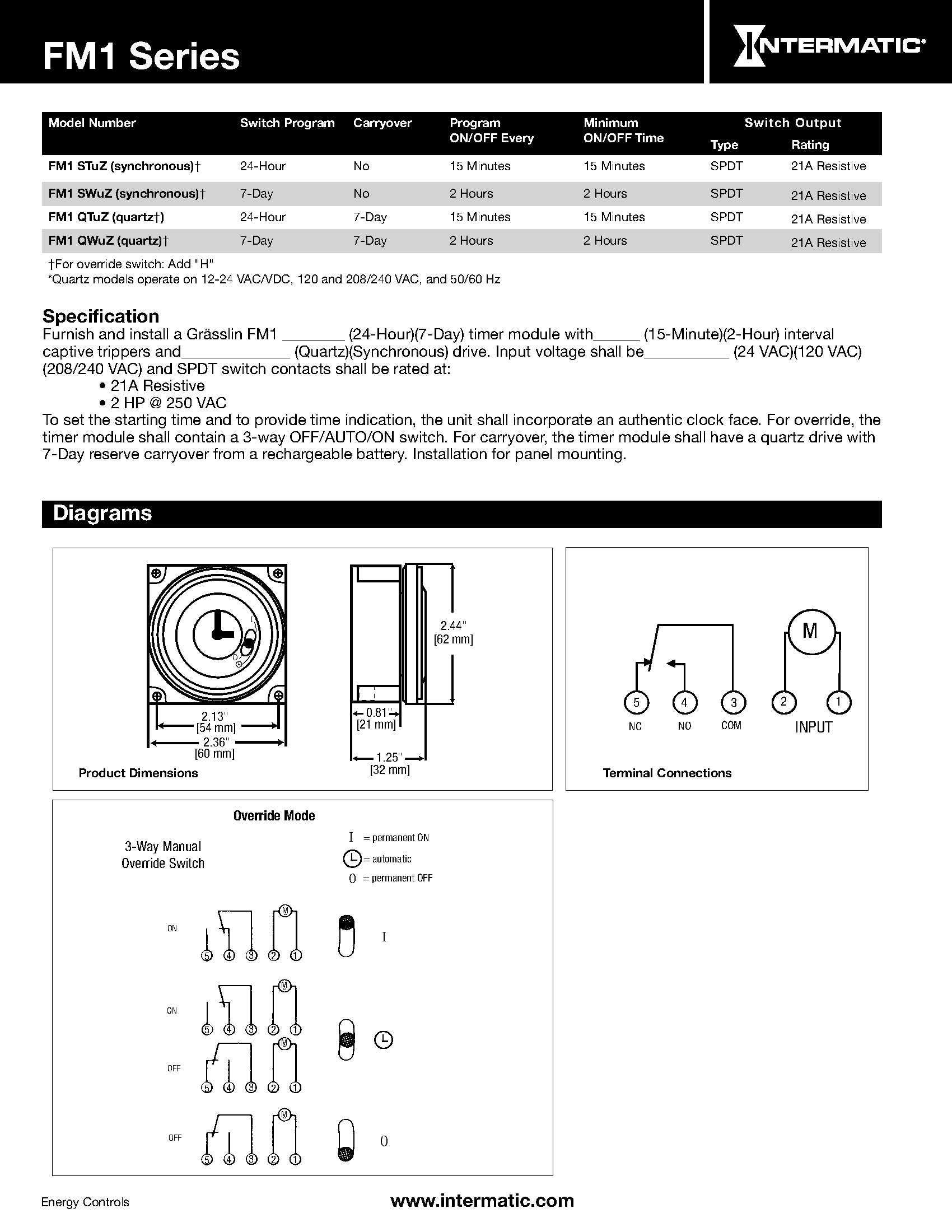 Intermatic Grasslin by Intermatic FM1STUZH-120U 24-Hour 21A, SPDT, 120V Electromechanical Timer Module with Manual Override Switch