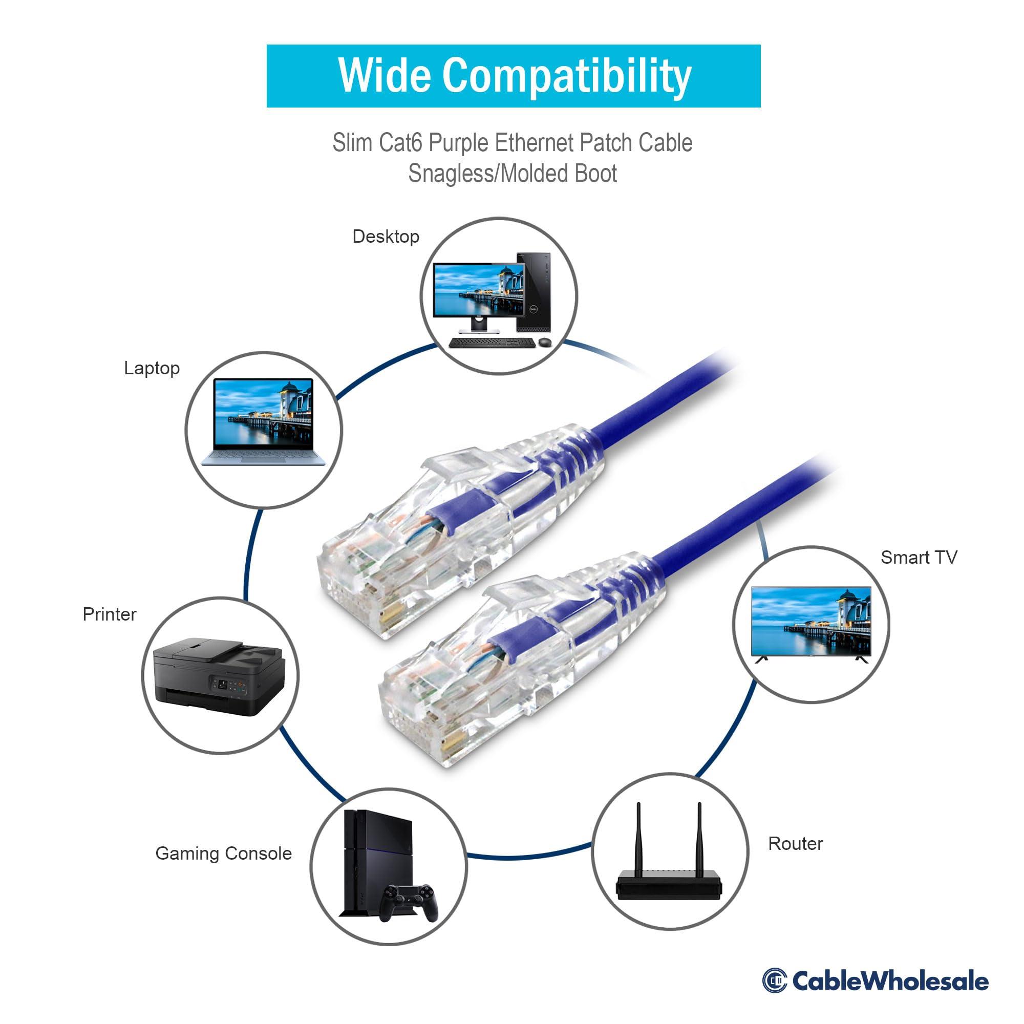 CableWholesale CableWholesale Cat6 Slim Ethernet Patch Cable, 28AWG, ETL Approved, RJ45 Gold Plate Connector Snagless/Boot Unshielded Twisted Pair (UTP), Internet Network Patch Cable, Purple, 5 Foot