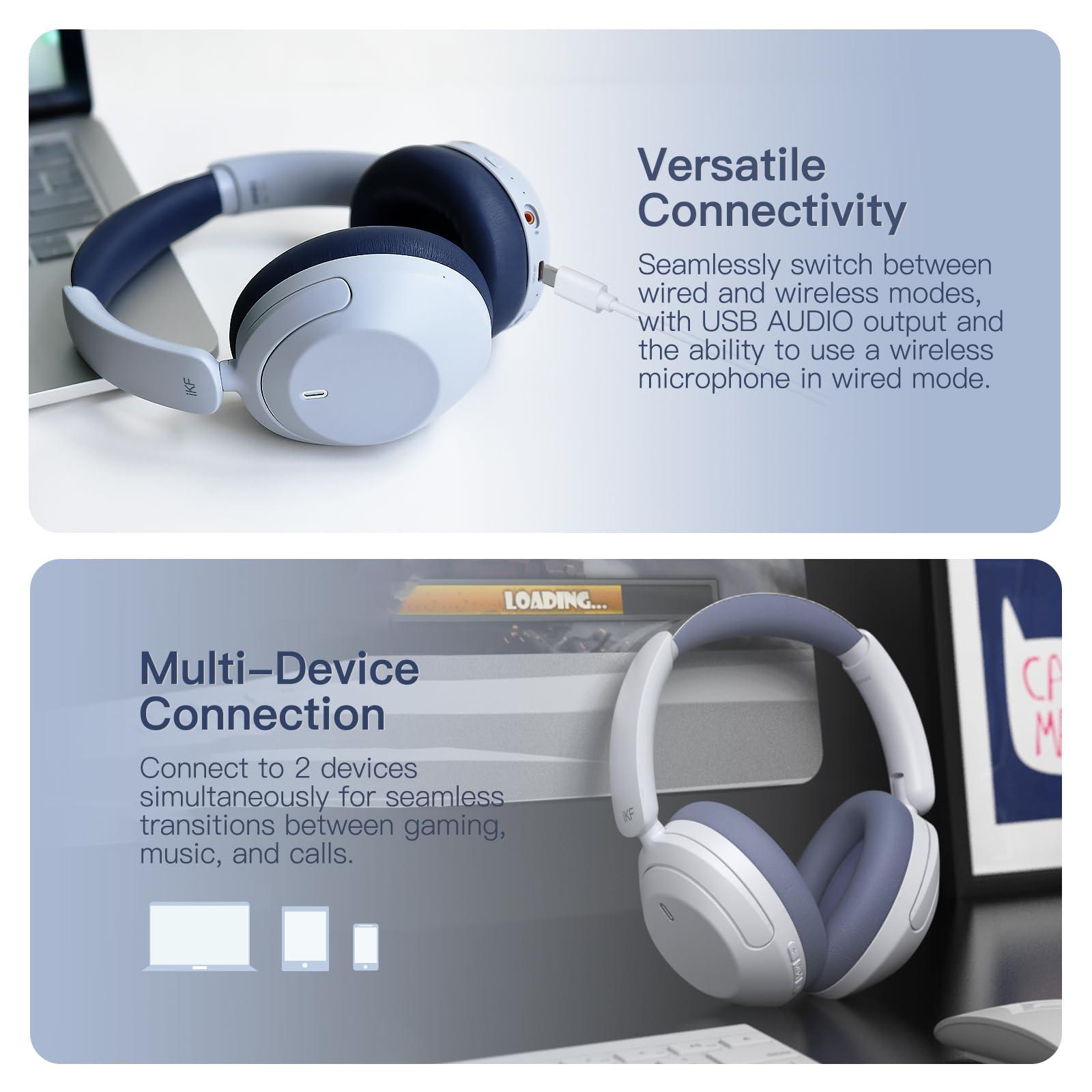 iKF iKF T3 Active Noise Cancelling HiFi Headphones with Hires, 125H Playtime, Bluetooth, Over-Ear, APP EQ Settings,Comfortable Ear Pads, and Multi-Device Connection Wired Headset for Work/Play