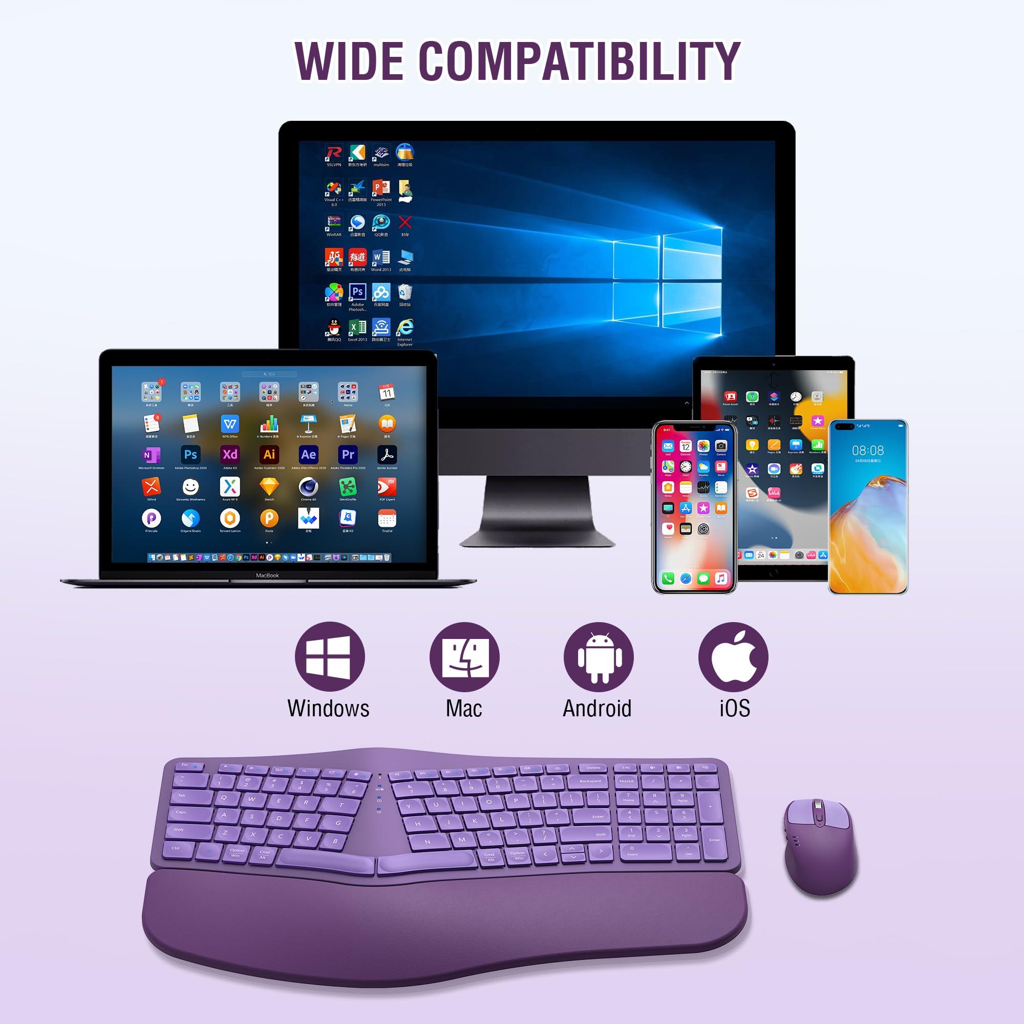 EDJO Ergonomic Wireless Keyboard Mouse Combo, EDJO Bluetooth/2.4G Dual Channel, Split Design, Soft Foam Palm Rest, 4 Level DPI Adjustable Wireless Mouse, Rechargeable, for Windows/Mac/Android(Purple)