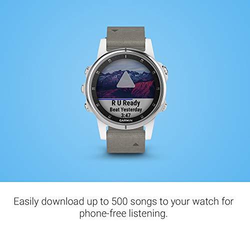 Garmin Garmin fenix 5S Plus, Smaller-Sized Multisport GPS Smartwatch, Features Color Topo Maps, Heart Rate Monitoring, Music Contactless Payment, Silver/White with Gray Suede Band
