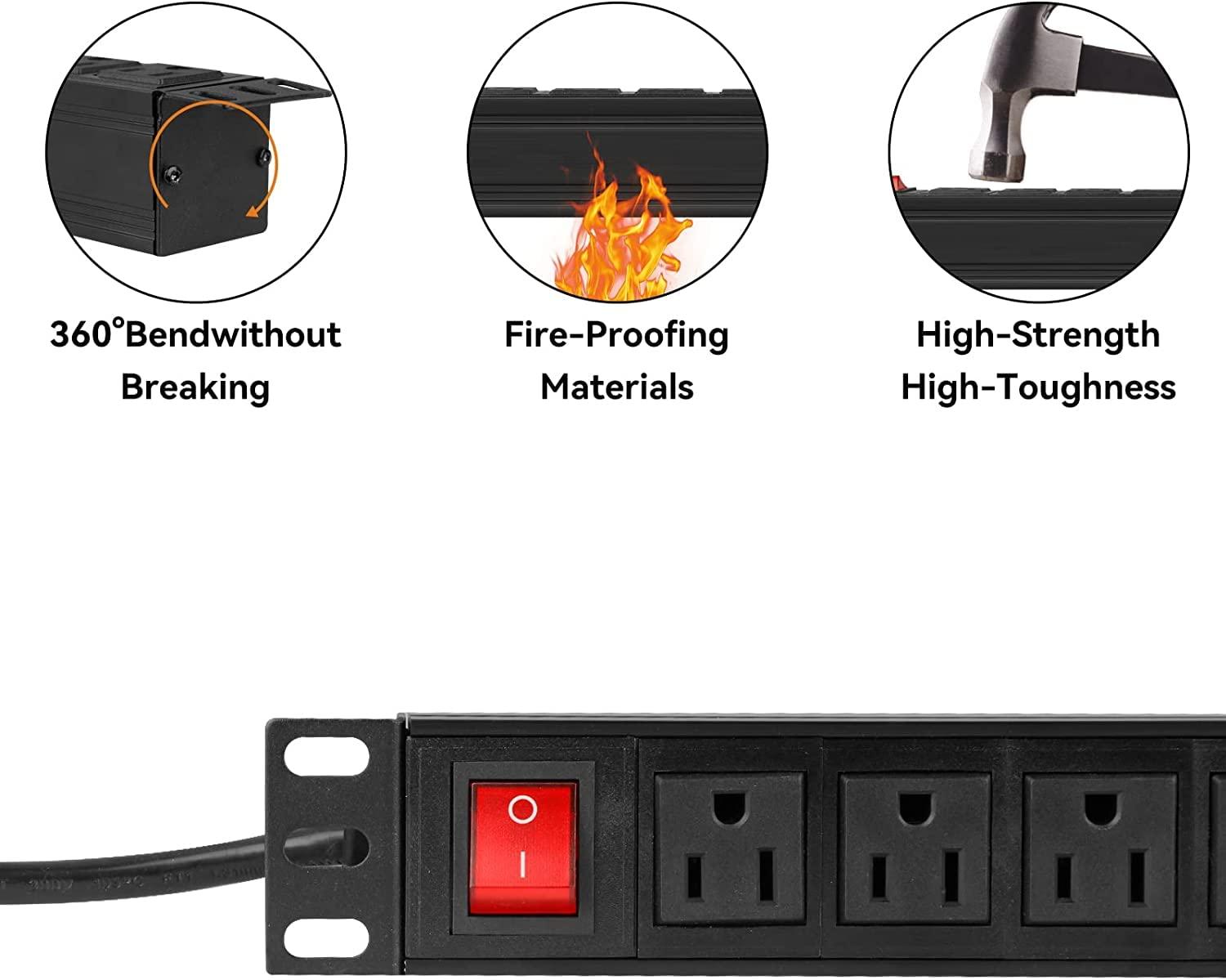 BTU BTU Power Surge Protector Rack-Mount PDU, 12 Outlet Power Strip with Switch, Metal Mountable Heavy Duty for Server Racks, Garage Shop, Industrial Commercial (Black 10FT)