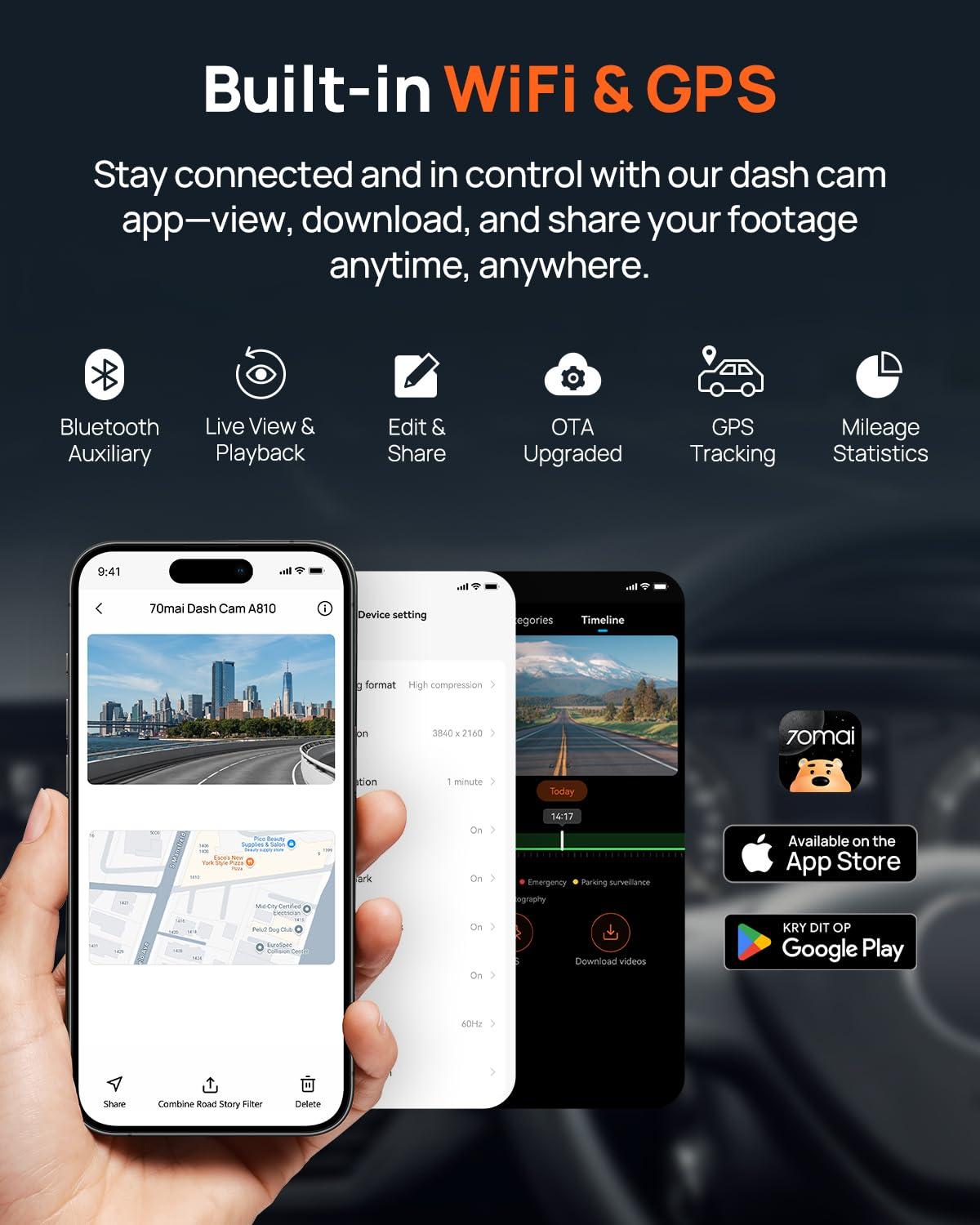 70mai 70mai A810 4K Dash Cam Front and Rear, Dual Dash Camera for Cars with Starvis 2 HDR Night Vision, ADAS, Built in GPS&WiFi, 4G Support, 24/7 Parking Mode, AI Motion Detection, Time-Lapse, APP Reminder
