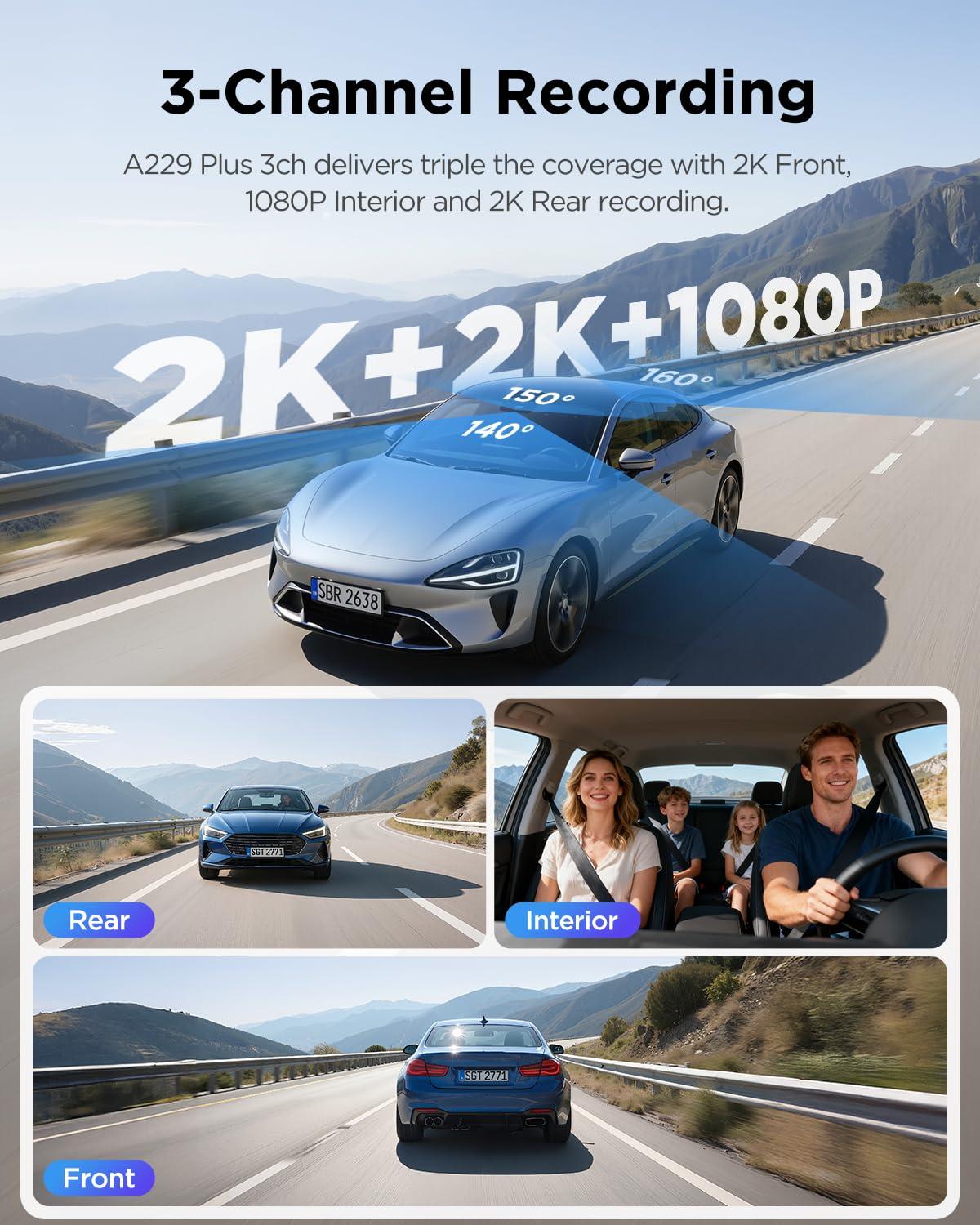 VIOFO VIOFO A229 Plus 3 Channel Dash Cam, Dual STARVIS 2 Sensors, 3-Channel HDR, 1440P+1440P+1080P Front Inside and Rear Car Camera, 5GHz Wi-Fi, Voice Control, Ultra-Precise GPS, 24 Hours Parking Mode