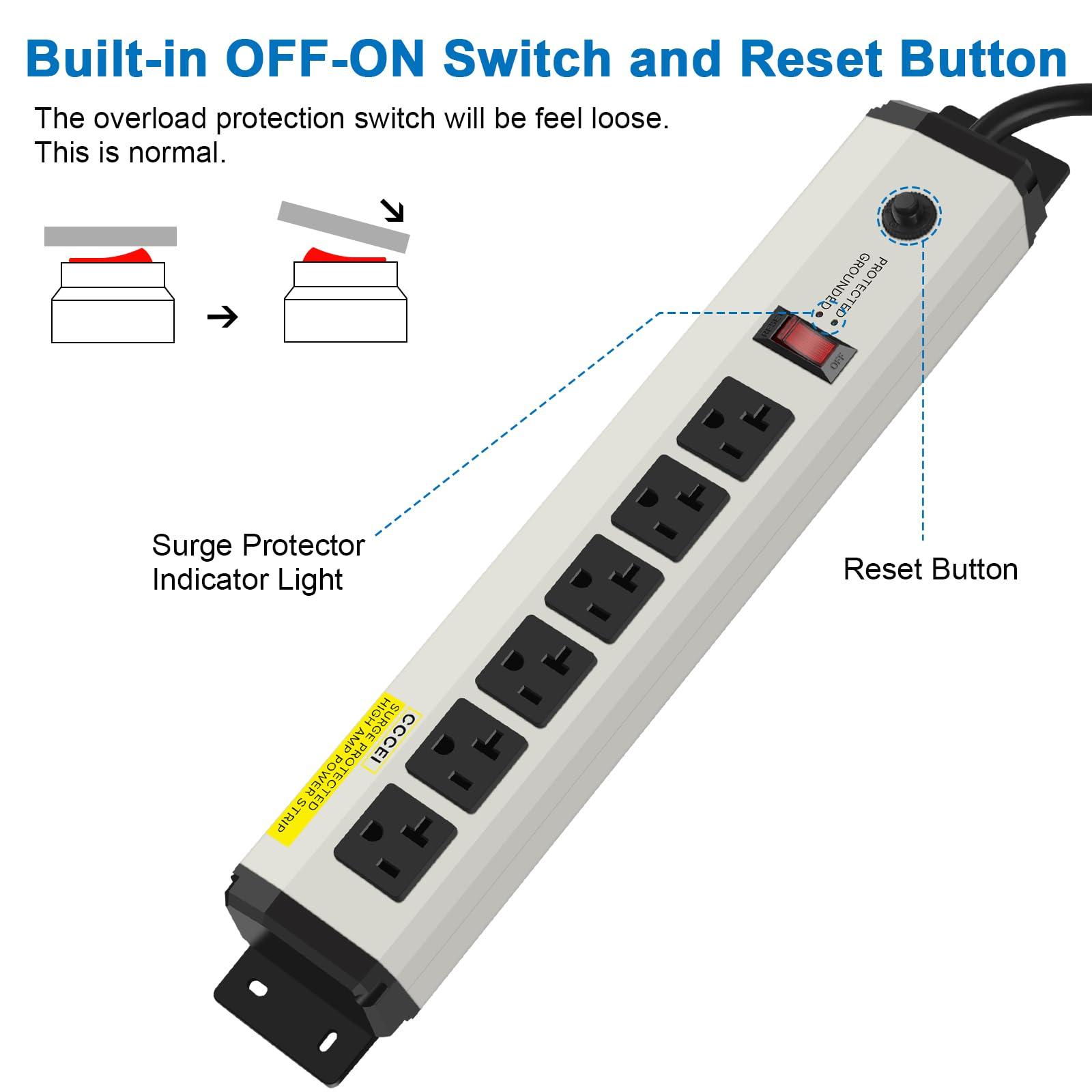 CCCEI CCCEI 12 Gauge Heavy Duty Power Strip Surge Protector 4800J, 20 Amp 6 Plug Industrial Shop Garage Metal Multiple Outlets, 15 FT Extension Cord 5-15P Adapter High Amp 6-20R T-Slot 20a for Appliance.