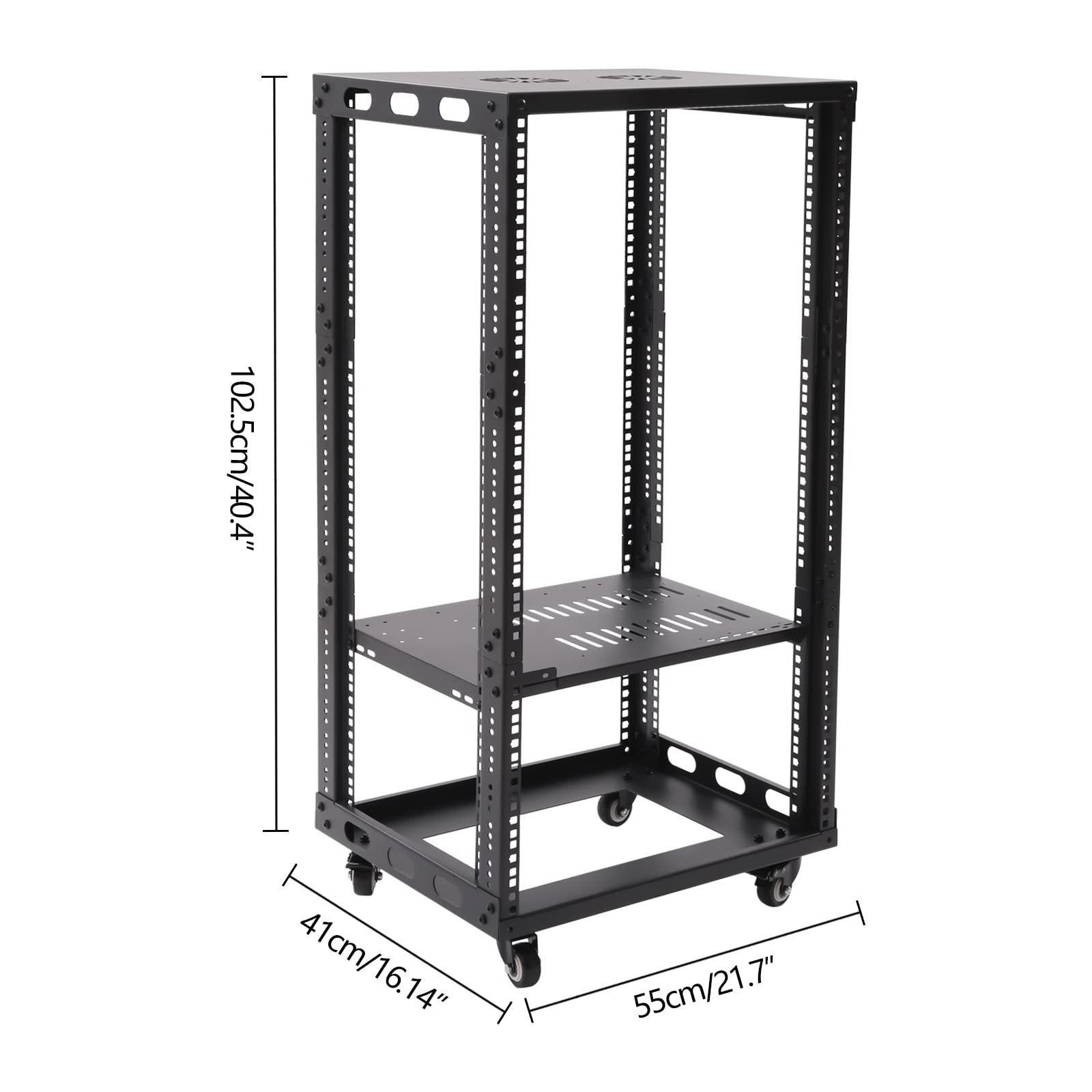 Tiardocge 18U Open Frame Server Rack, 4 Post Adjustable Mobile, Free Standing Rolling Network/Computer Equipment Data Rack for Servers and Networking AV Equipment